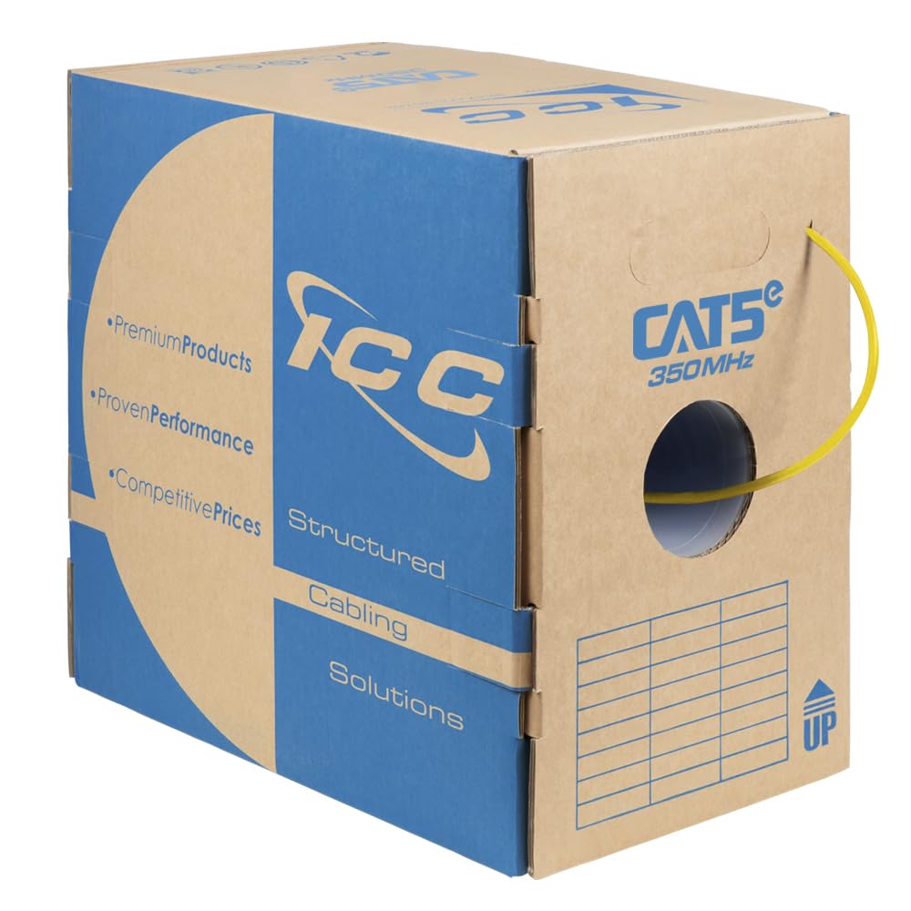 ICC Cat5e CMR Riser 1000ft Bulk Ethernet Cable - 24AWG Solid Pure Copper, Unshielded, 350MHz, PoE++, UL Certified | Reelex Pull Box | RoHS & TAA Compliant Yellow | Ideal for Office Networking, Data Centers & Home Internet Installations
