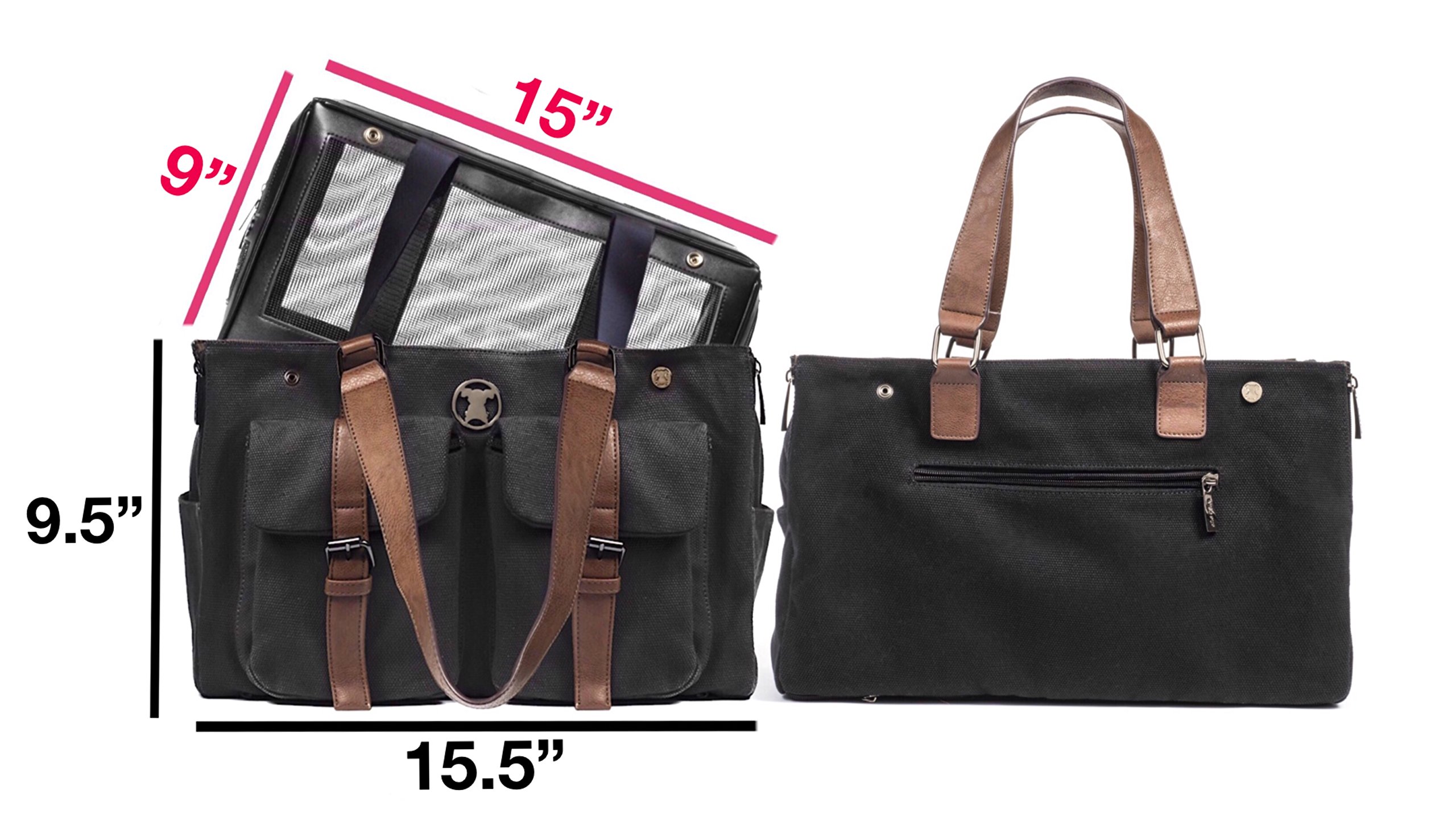 Airline Approved Black Canvas Pet Carrier Combo for Small Dogs - Interchangeable Base & Shell Tote with Pockets | Perfect for Weekend Travel & Daily Use