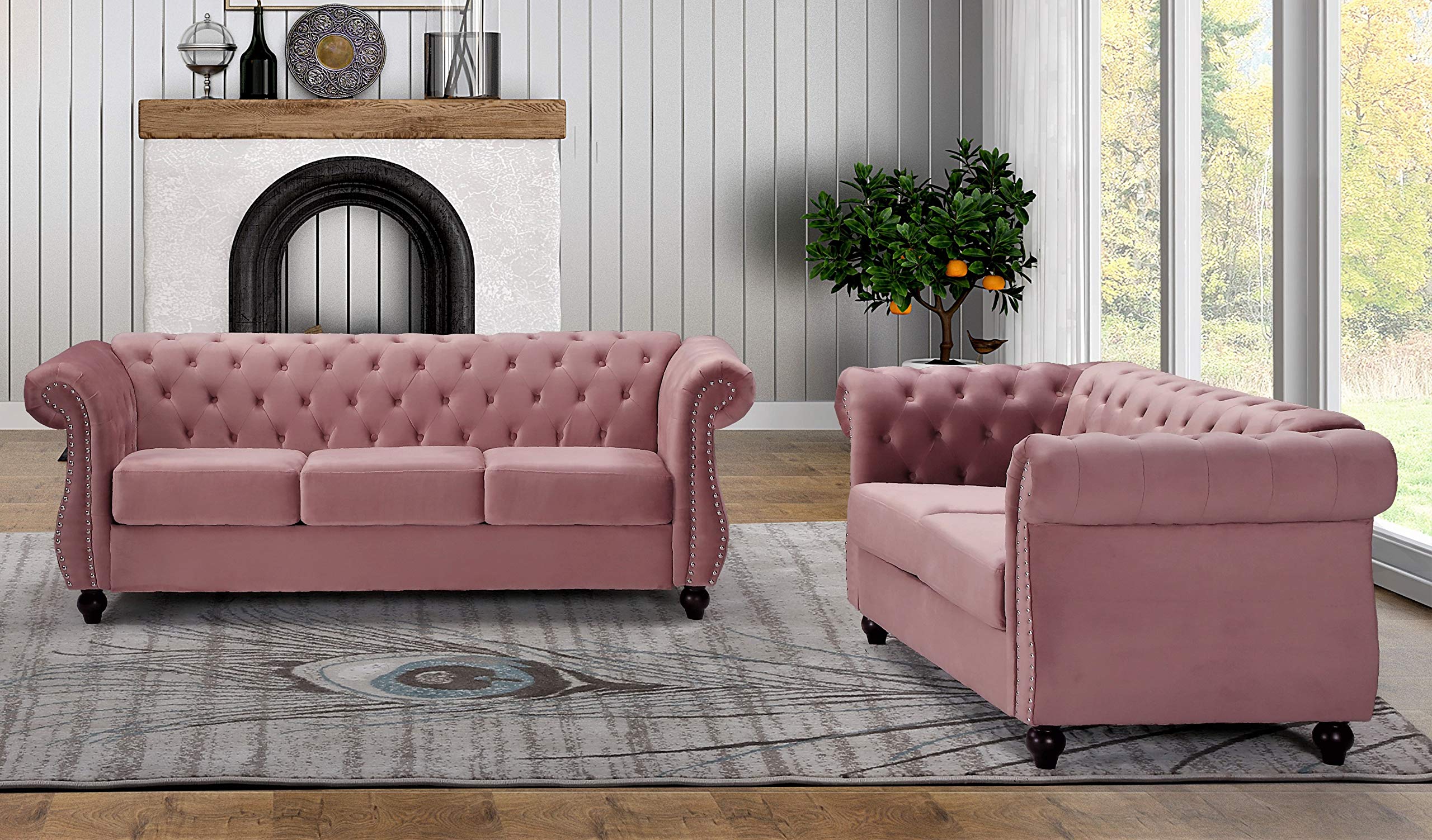 Modern Velvet Chesterfield Sofa with Nailhead Trim & Diamond Tufting - Durable Metal Frame Loveseat for Living Room - Elegant Rose Velvet Upholstery | Perfect for Home Theater, Lounge & Formal Sitting Areas