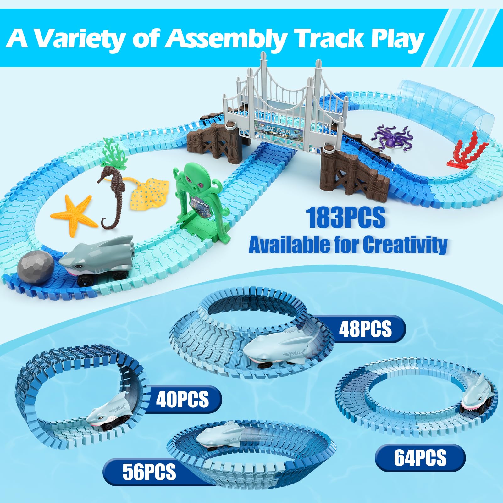 VATOS 183-Piece Shark Race Car Track Set - Flexible Bendable Racetrack with Shark & Ball Toys - STEM Educational Ocean Theme Playset for Boys & Girls Ages 3-9 - Perfect Birthday Gift for Kids Who Love Racing & Marine Adventures