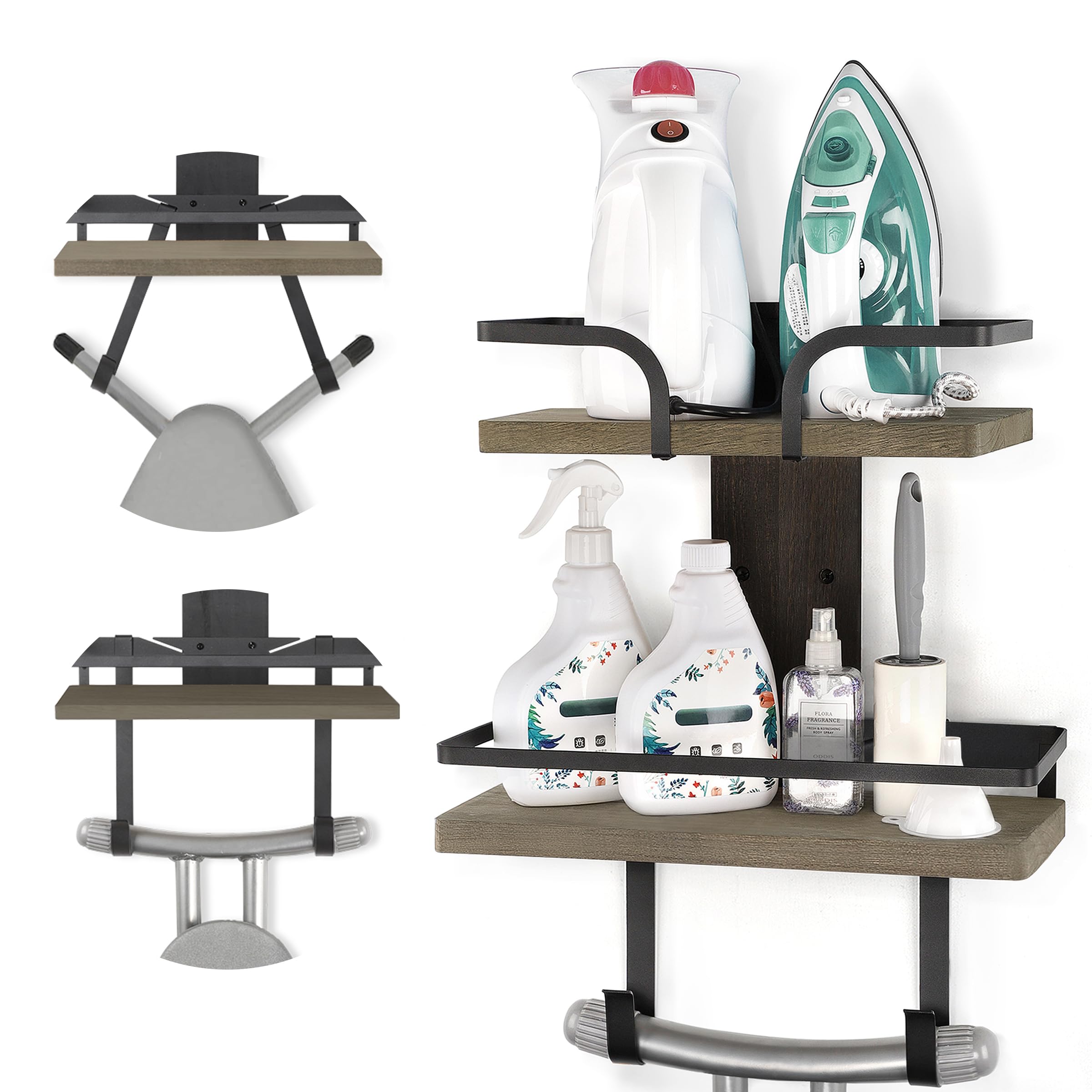 VINAEMO Wall Mount Ironing Board Hanger - 2-Tier Iron & Board Holder with Removable Hooks - Solid Wood Laundry Room Shelf for Home Organization - Perfect for Small Spaces & Closet Storage