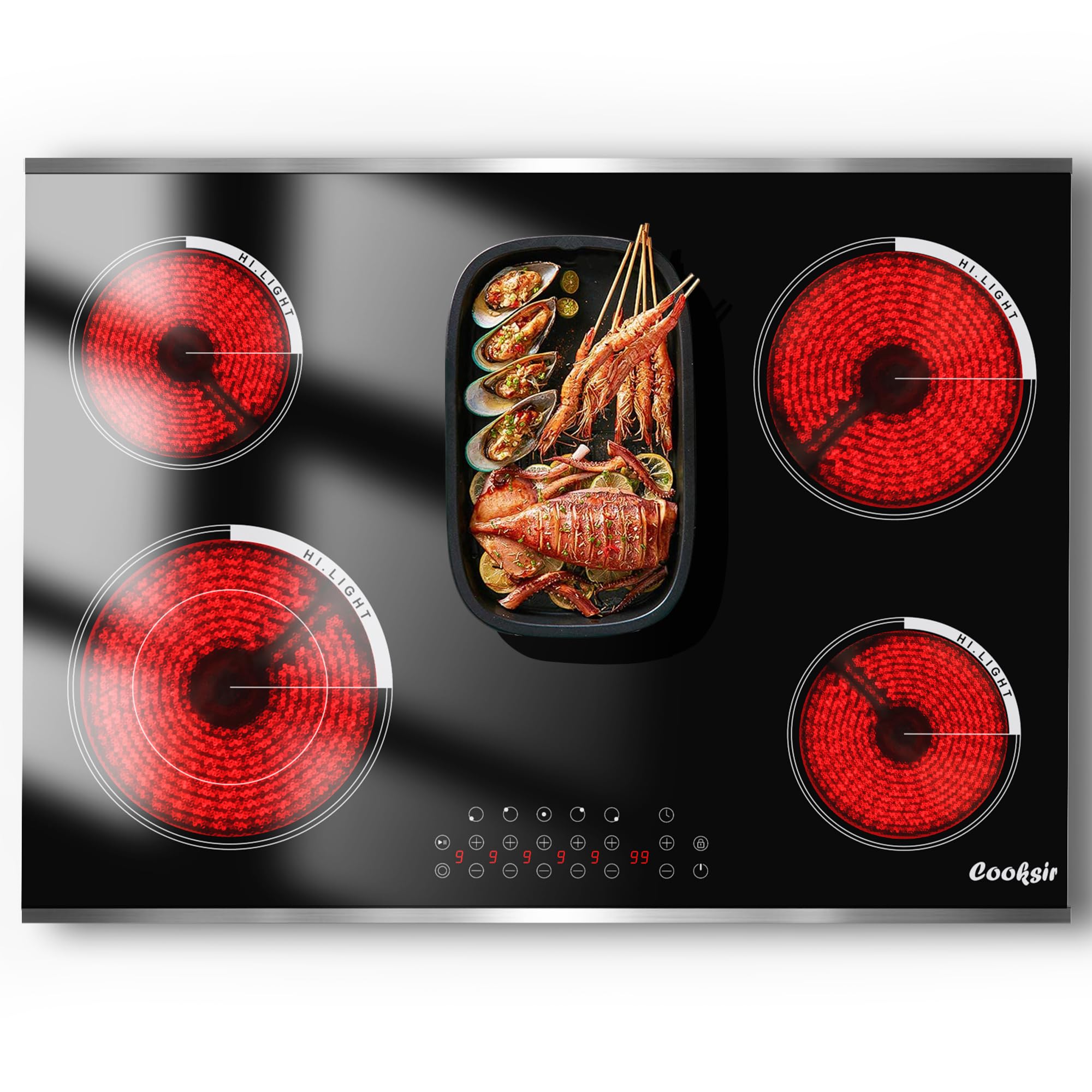 30 Inch 5-Burner Electric Cooktop - 8400W High Power Built-In Ceramic Stove with Touch Control, Timer & Safety Lock | 220-240V Hardwired Glass/Metal Frame | Perfect for Modern Kitchens & Professional Cooking