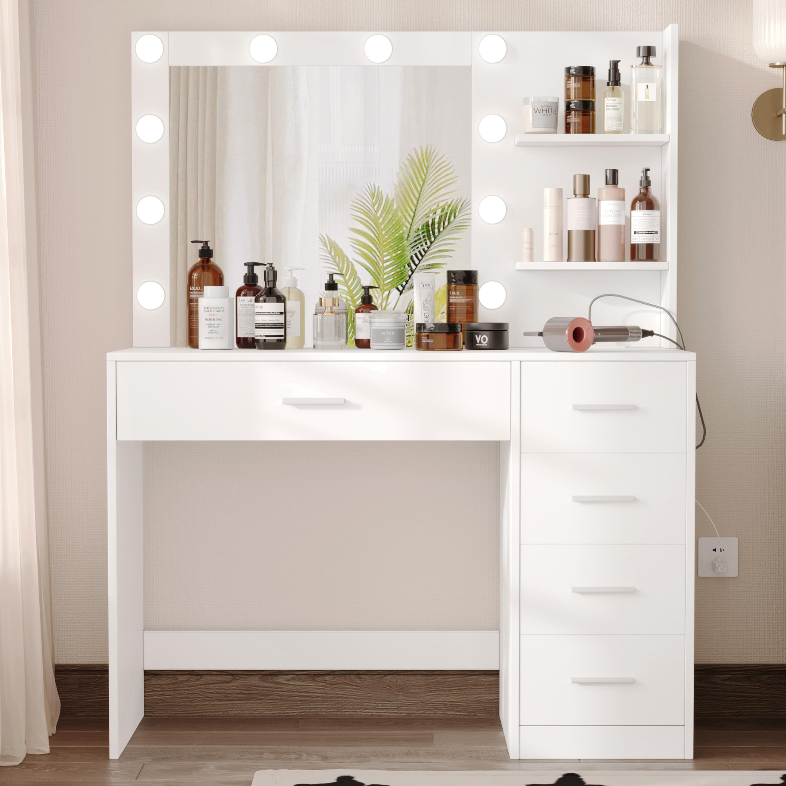 Rovaurx White Makeup Vanity Desk with Mirror - Adjustable Brightness & 3 Lighting Colors, 5 Metal Sliding Drawers, Built-in Charging Station - Perfect Dressing Table for Women's Bedroom, Beauty Salon or Home Decor