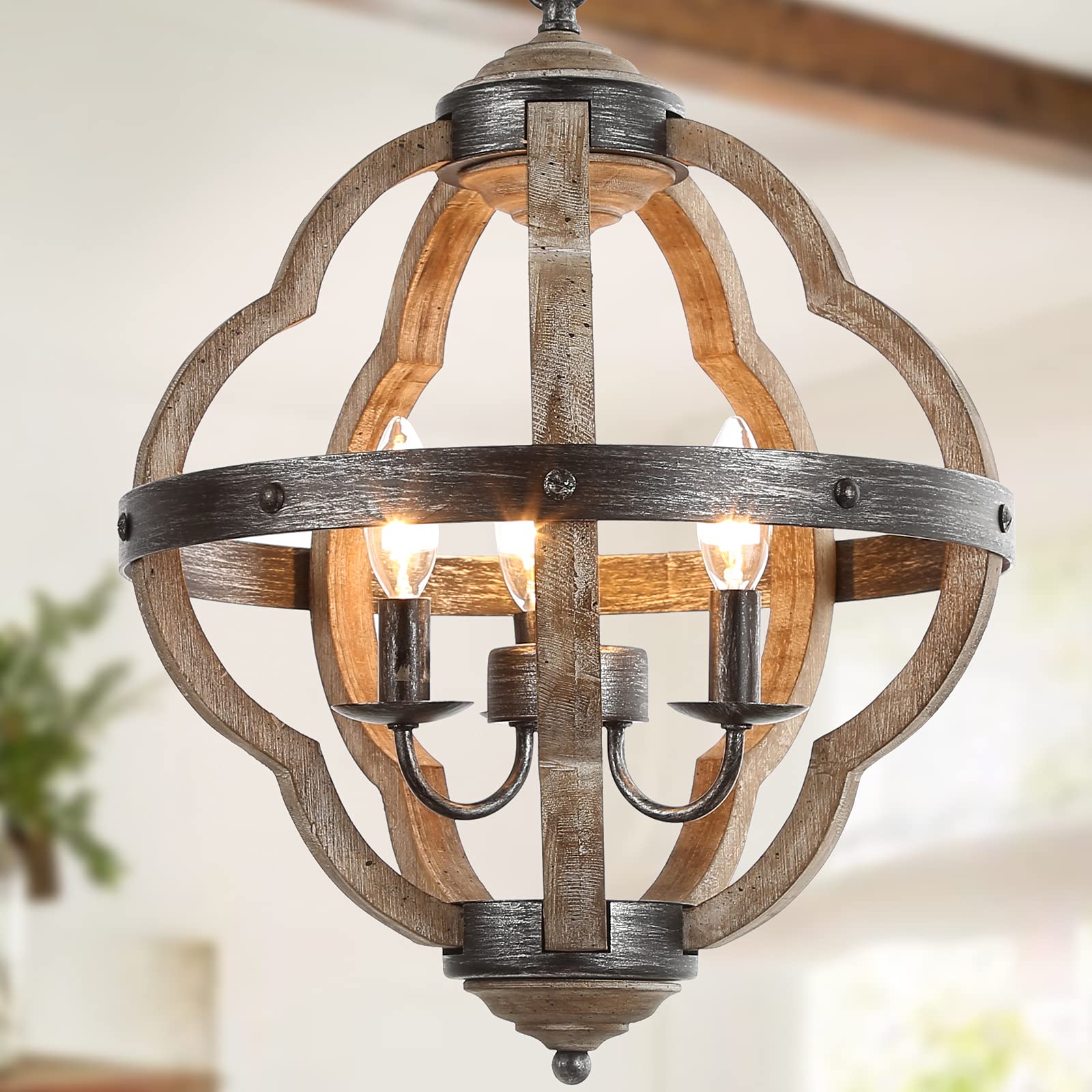 KSANA Farmhouse Chandelier - 3-Light Wood Orb Pendant Light for Dining Room, Kitchen Island & Foyer | 15