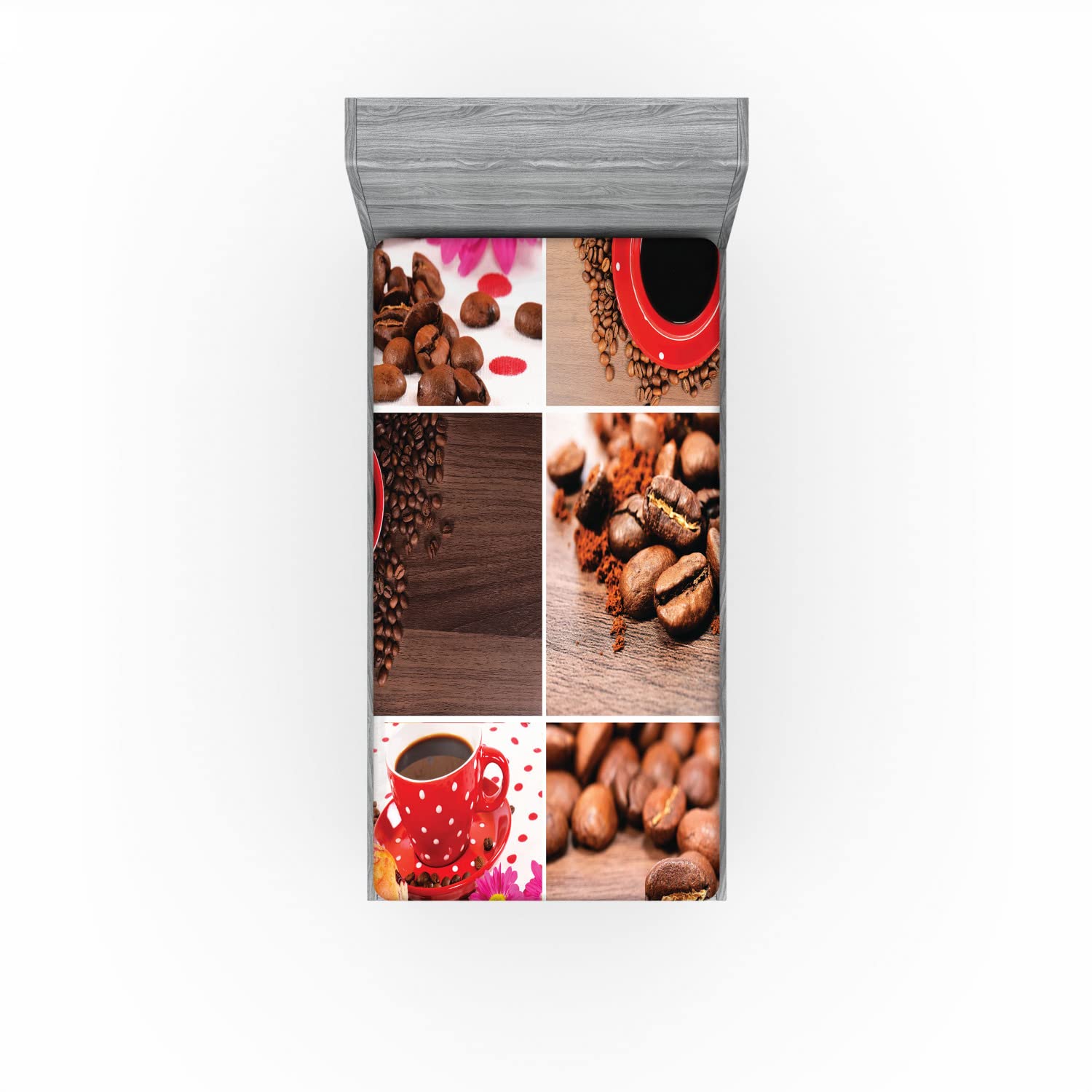 Ambesonne Coffee Themed Fitted Sheet - Twin XL Size, Brown Red, Deep Pocket with All-Round Elastic | Coffee Mug, Polka Dots, Flowers, Beans & Muffins Photography Design | Perfect for Bedrooms, Dorms, Guest Rooms & Coffee Lovers
