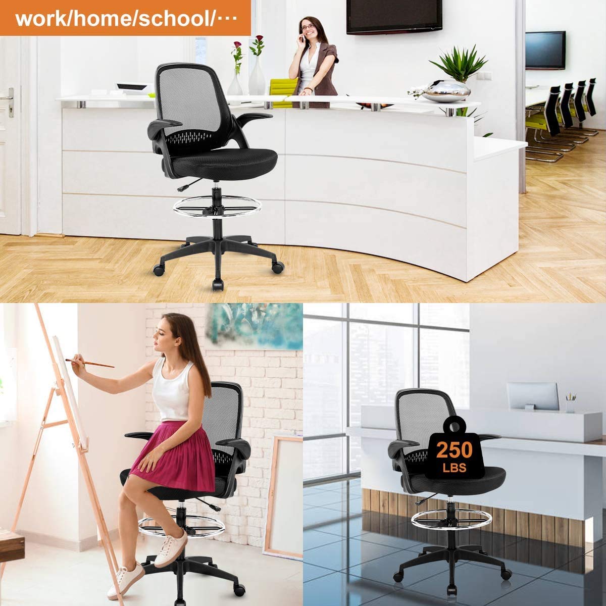 Ergonomic Drafting Chair with Flip-Up Arms & Footrest - Adjustable Height Swivel Rolling Office Chair for Standing Desk, Bar High Desk - Supports 250lbs - Perfect for Artists, Architects & Home Office Use