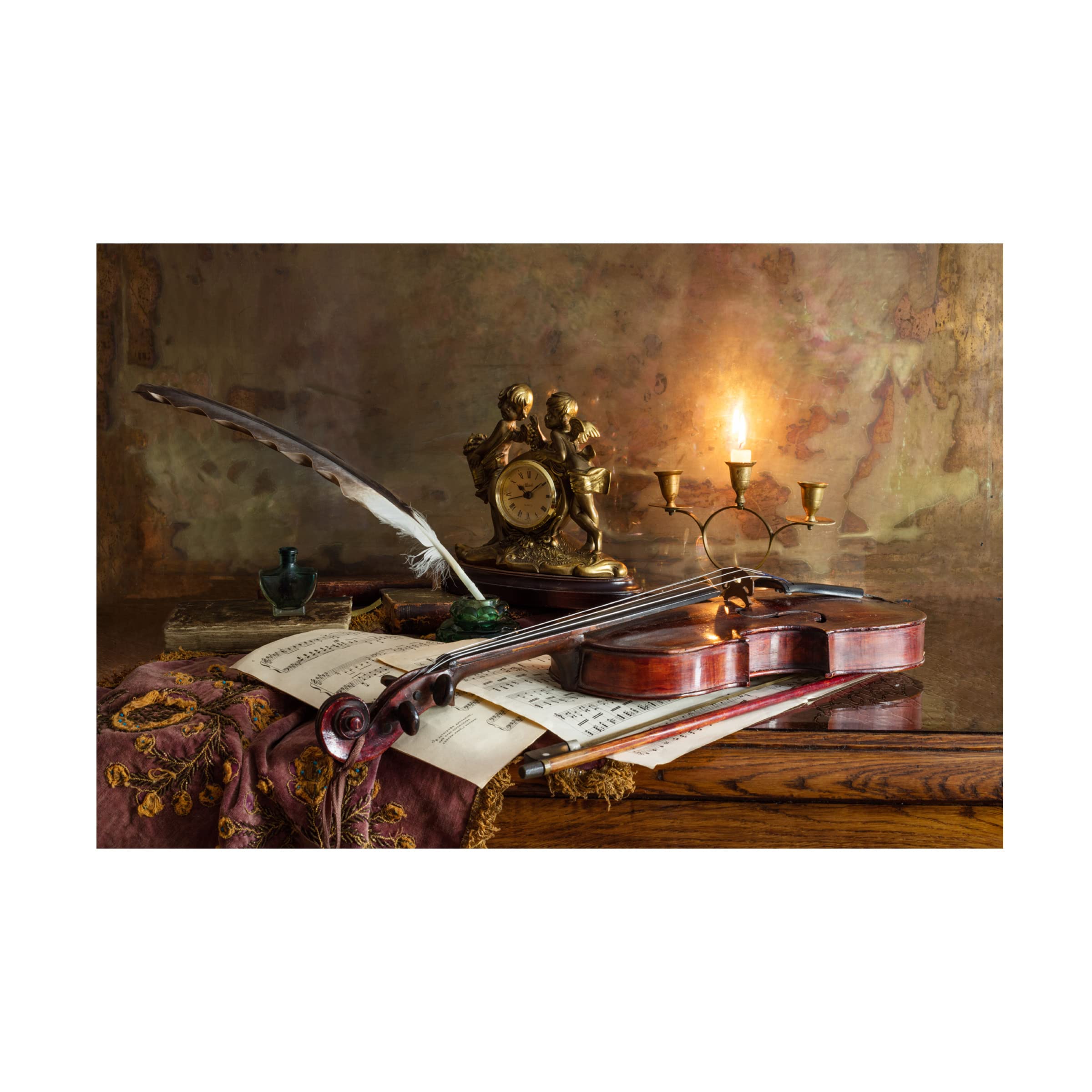 Trademark Fine Art 'Still Life With Violin And Clock' Canvas Wall Art Print by Andrey Morozov - Classic Music & Vintage Decor for Living Room, Bedroom, Office