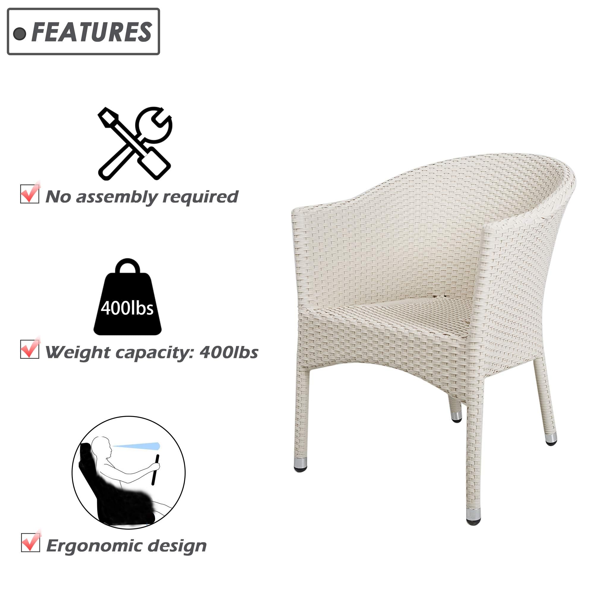 LUCKYERMORE Outdoor Wicker Dining Chairs with Soft Cushions - Patio, Garden, Lawn Furniture - Stackable Rattan Arm Chairs in White for Backyard, Poolside & Restaurant Use
