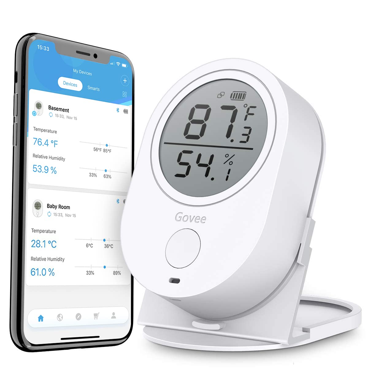 Govee Bluetooth Thermometer Hygrometer - Digital Indoor Temperature Humidity Monitor with APP Alerts, 2-Year Data Storage & Export | Perfect for Home, Greenhouse, Humidor, Nursery, Baby Room & Pet Habitat Monitoring