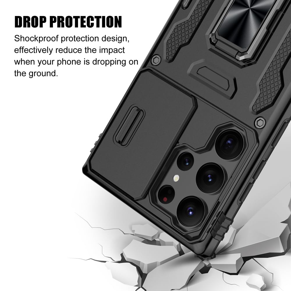 Shockproof Samsung Galaxy S24 Ultra Case with Sliding Camera Cover, Ring Holder & Kickstand - Includes Screen Protector for Galaxy S24 Ultra 5G (6.8 Inch, 2024 Model) - Perfect for Outdoor Activities, Travel & Daily Protection [Black]