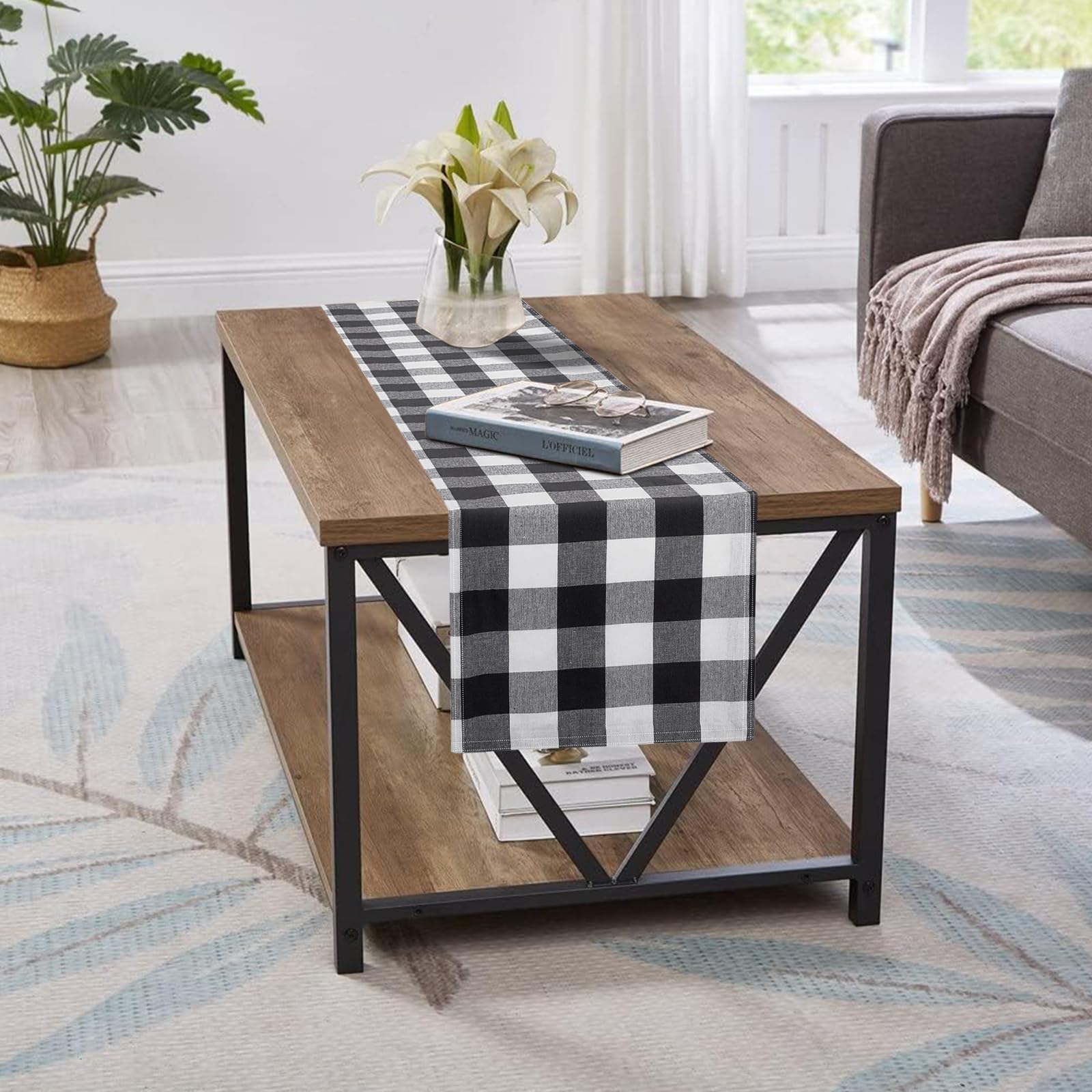 72 Inch Black and White Gingham Table Runner - Rustic Farmhouse Kitchen Decor, Buffalo Plaid Checkered Dresser Cover for Bedroom, Easter Party Table Decoration | Perfect for Spring Gatherings, Dining Room Centerpieces & Farmhouse Style Home Decor