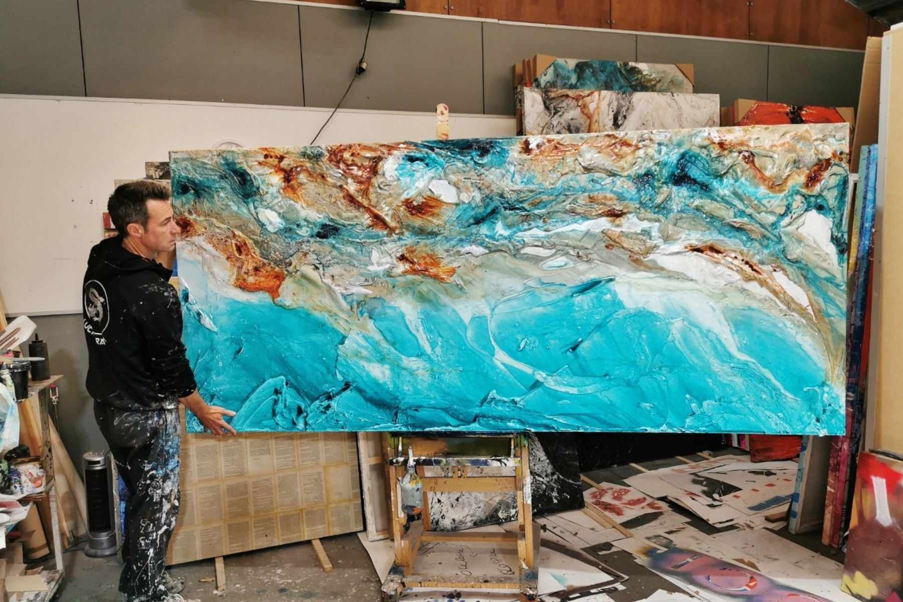 270cm x 120cm Turquoise Cream Textured Abstract Canvas Painting - Crushed Southern Ice Design - Modern Wall Art for Living Room, Bedroom & Office Decor