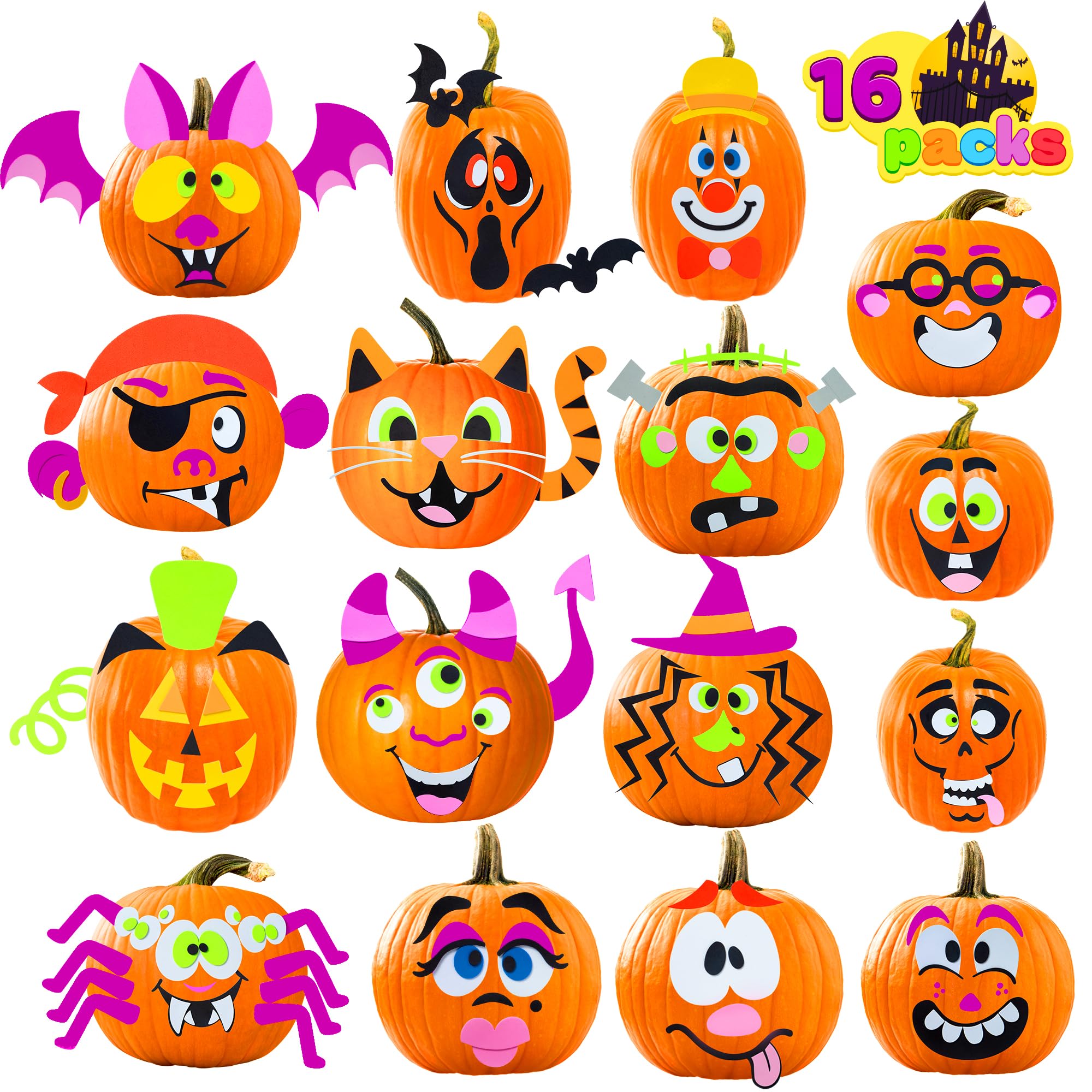 JOYIN 16 Pack Halloween Pumpkin Decorating Stickers - Foam Craft Kit for Kids, Halloween Party Favors & School Activities - Funny Jack O'Lantern Stickers for Classroom Games & DIY Pumpkin Decor