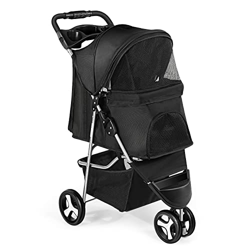 Premium 3-Wheel Foldable Pet Stroller for Small & Medium Dogs & Cats - Lightweight Travel Pushchair with Storage Basket & Cup Holder - Perfect for Outdoor Walks, Shopping & Vet Visits (Black)