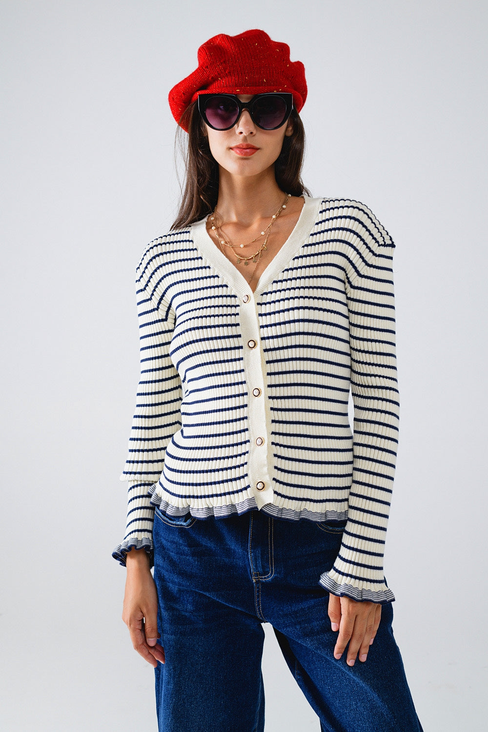 Cream Striped Cardigan with Ruffled Hem - Perfect for Casual Outfits, Office Wear & Cozy Fall Layering