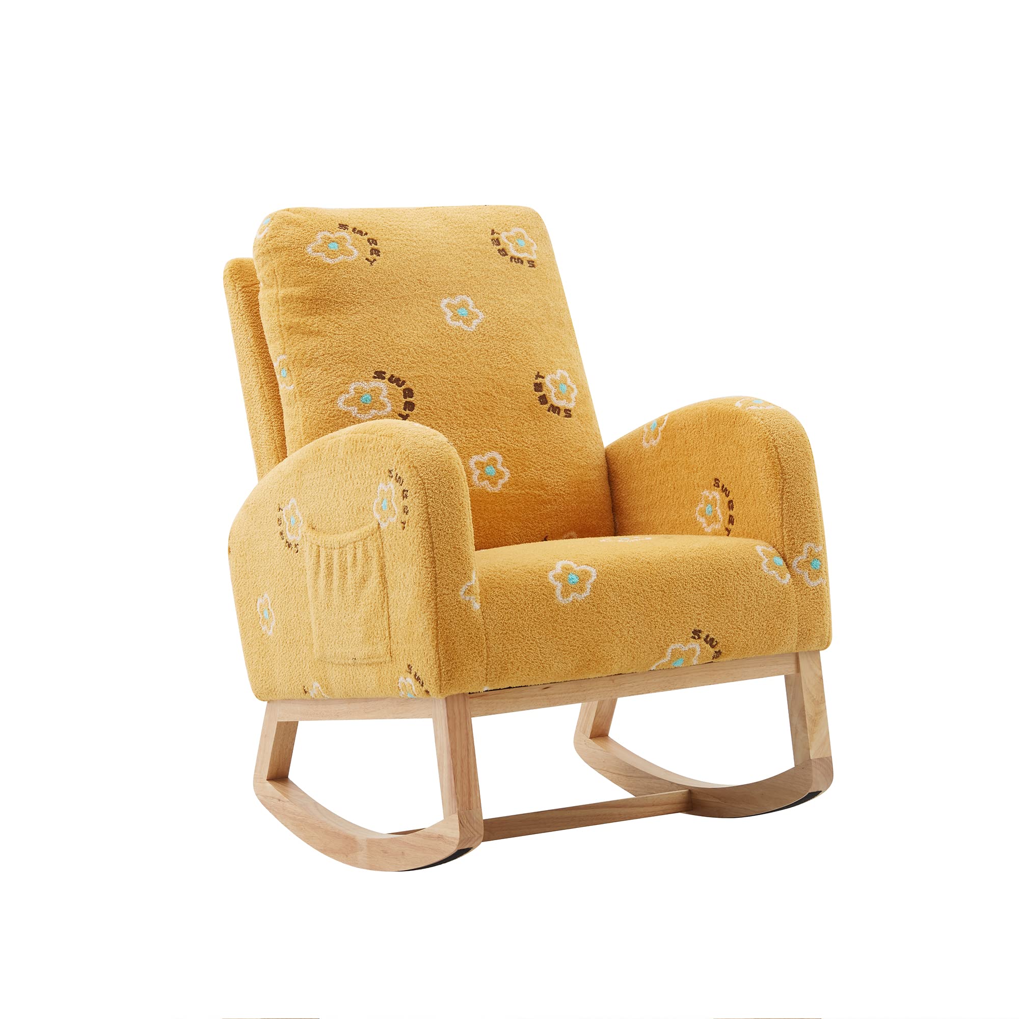 Modern Solid Wood Upholstered Nursery Rocking Chair - Mid Century High Back Glider Rocker with Side Pocket for Living Room, Nursery & Bedroom - Comfortable Mustard Yellow Accent Chair for Relaxing, Nursing & Reading