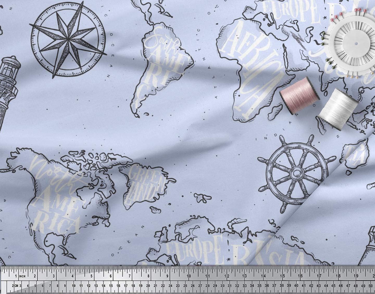 Soimoi 100% Cotton Voile Fabric - Blue Nautical Lighthouse & Compass Map Print - 42 Inch Wide - Sold by The Yard - Perfect for Dresses, Curtains, Quilting & DIY Craft Projects