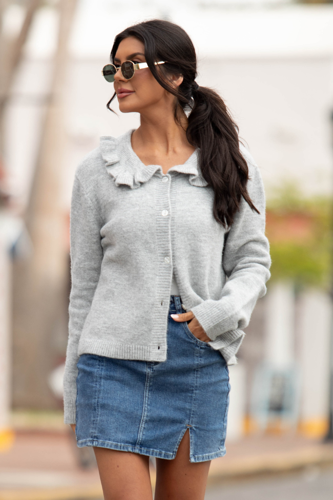 Just A Feeling Grey Collared Cardigan for Women - Cozy Knit Sweater with Button Front & Long Sleeves | Perfect for Fall Layering, Office Wear & Casual Outfits