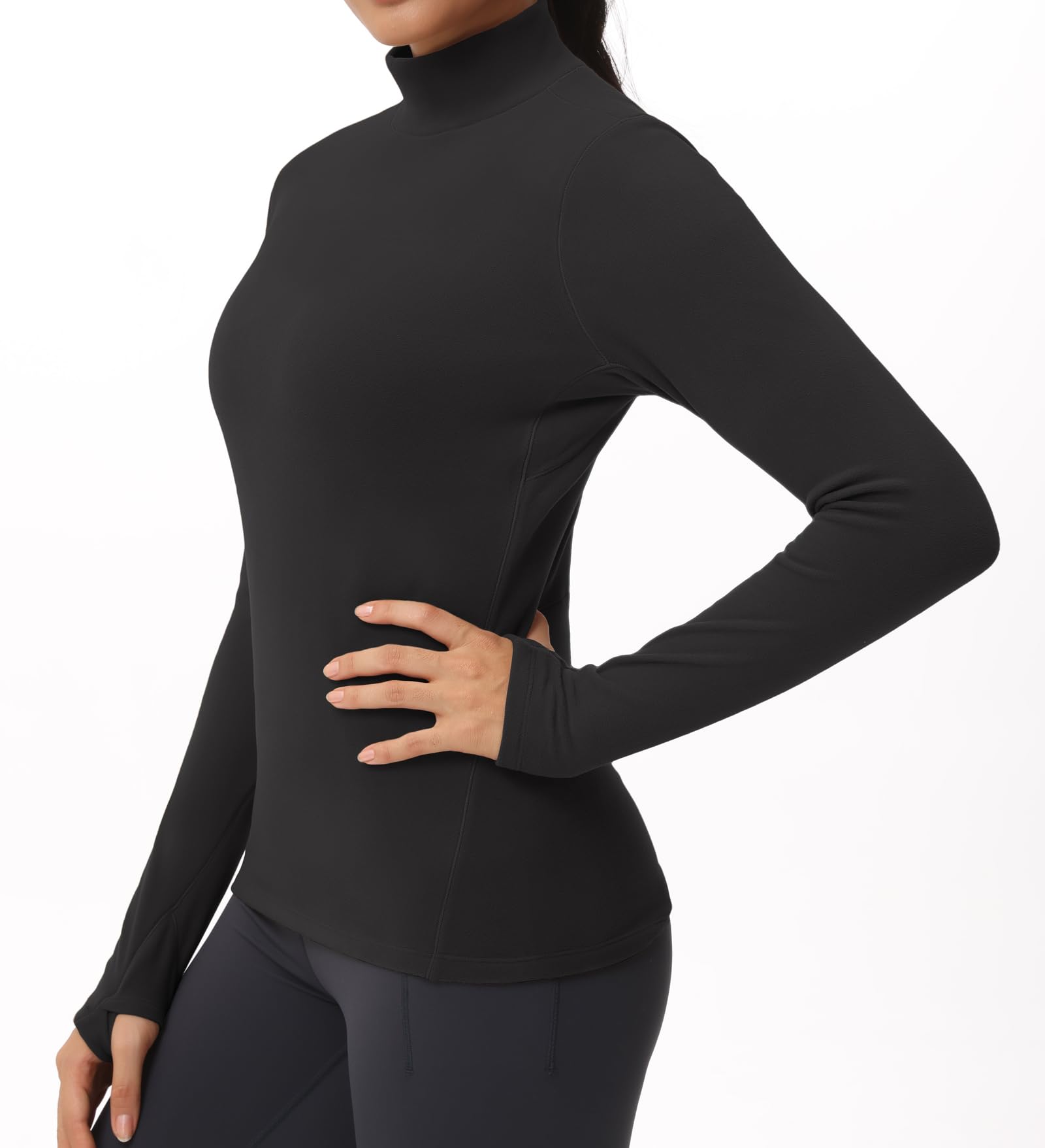 THE GYM PEOPLE Women's Fleece Mock Turtleneck Long Sleeve Thermal Shirt with Thumb Holes - Soft Workout Pullover for Yoga, Running & Cold Weather Layering