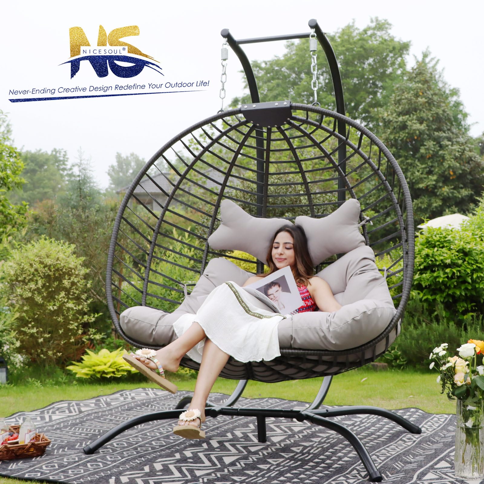 NICESOUL 2-Person Double Egg Chair - Indoor/Outdoor Patio Wicker Hanging Loveseat with Stand, Comfortable Cozy Swing Egg Chair with Double Padded Seats (680lbs Capacity) - Perfect for Backyard, Balcony, Bedroom & Garden Relaxation (Grey)