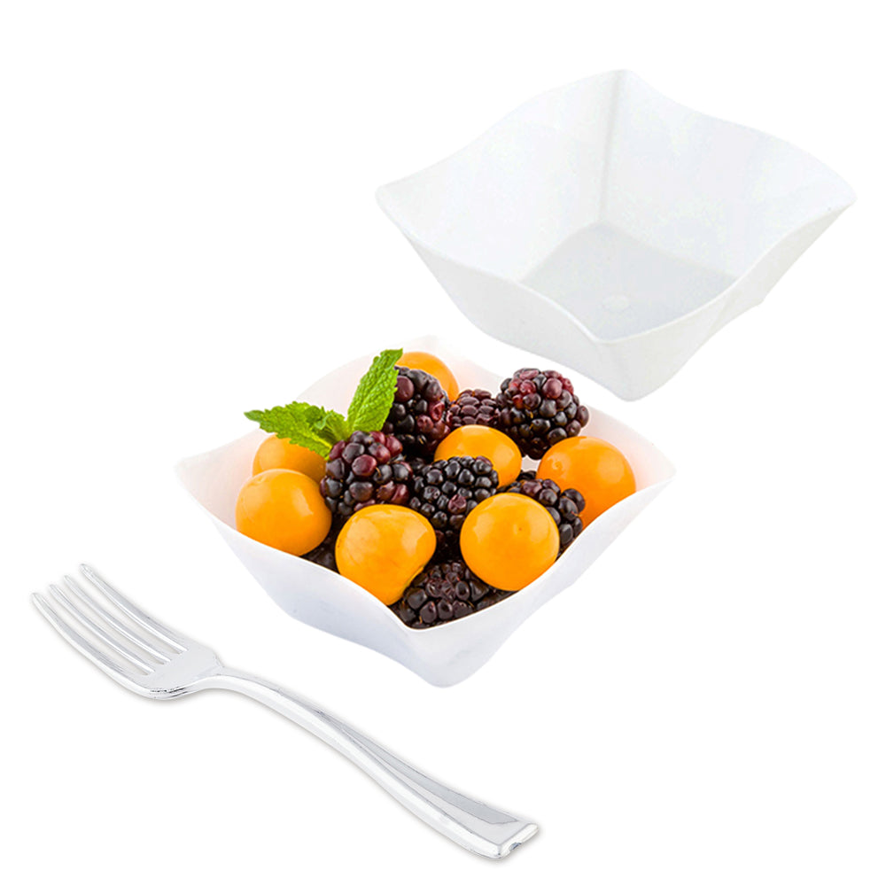 100-Pack 6 oz Square White Plastic Aqua Bowls with 100 Silver Mini Forks - Perfect for Party Serving, Picnics, and Catering Events