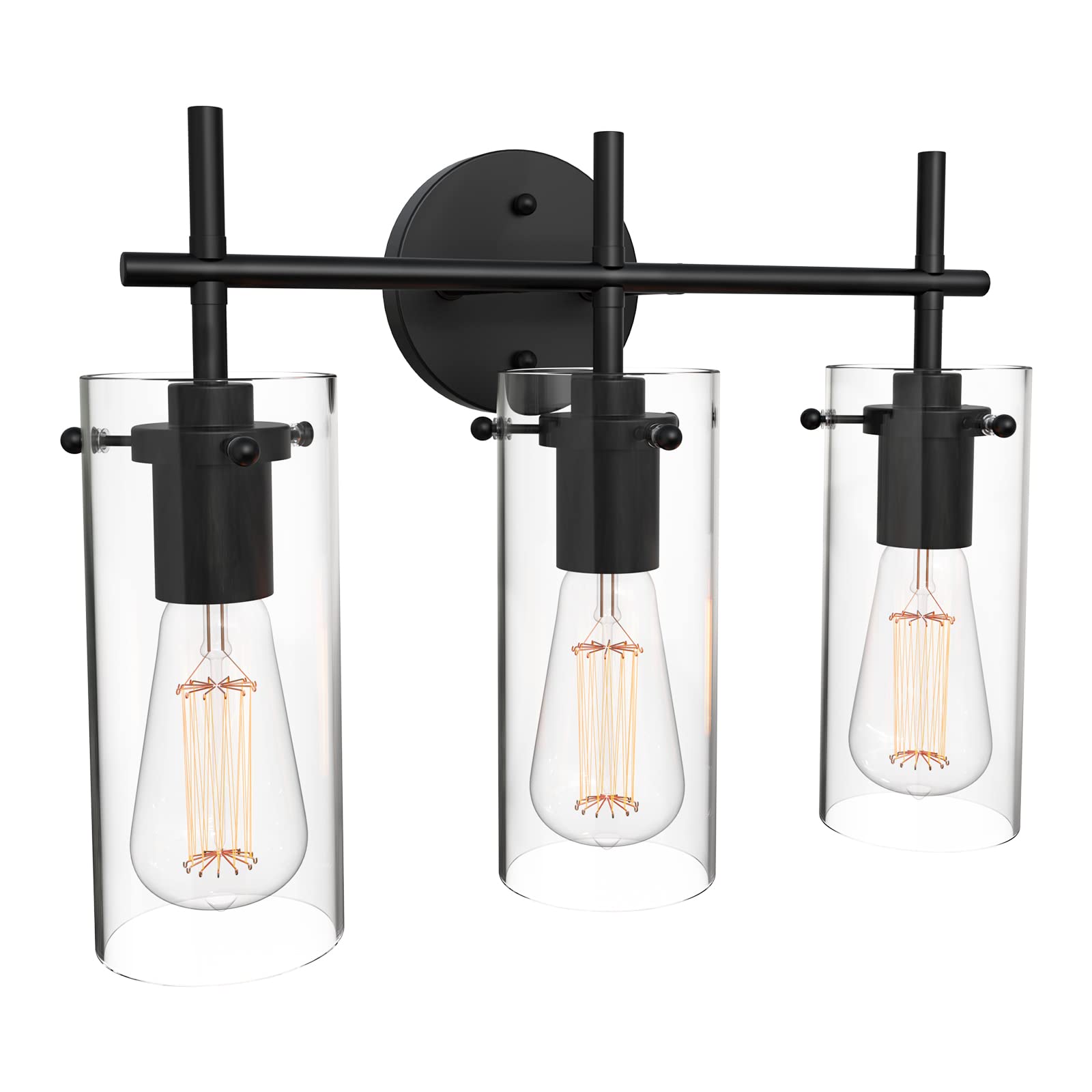 3-Light Matte Black Bathroom Vanity Light - Industrial Vintage Wall Sconce with Clear Glass Shade, E26 Base - Perfect for Mirror Lighting, Powder Room & Modern Farmhouse Decor by GUARANTLED