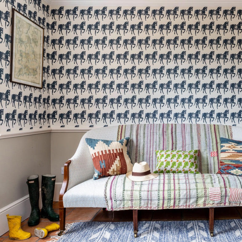 Premium Marwari Horse Wallpaper in Blue - Elegant Indian Horse Breed Design for Living Room, Bedroom & Office Decor