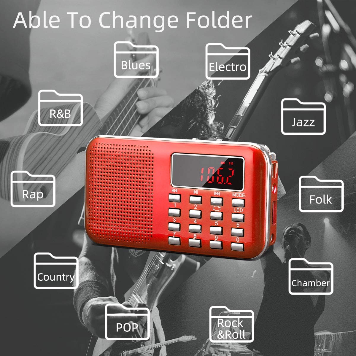 PRUNUS Mini Portable AM/FM Radio with MP3 Player, LED Flashlight, Digital Speaker - Supports Micro SD/TF Card & USB, Auto Scan, 1200mAh Rechargeable Battery - Perfect for Camping, Travel, Emergency and Outdoor Activities [Latest Version]