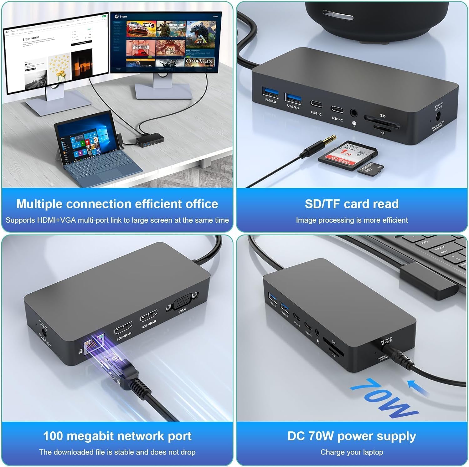 Microsoft Surface Pro Docking Station - 12-in-1 Triple Monitor Dock with Dual HDMI & VGA, Ethernet, SD/TF Card Reader, Audio & 4 USB Ports - Compatible with Surface Pro 10/9/8/X/7/6/5/4, Surface Laptop 6/5/4/3/2, Surface Book - Perfect for Home Office, Gaming & Multi-Tasking Workspace Setup
