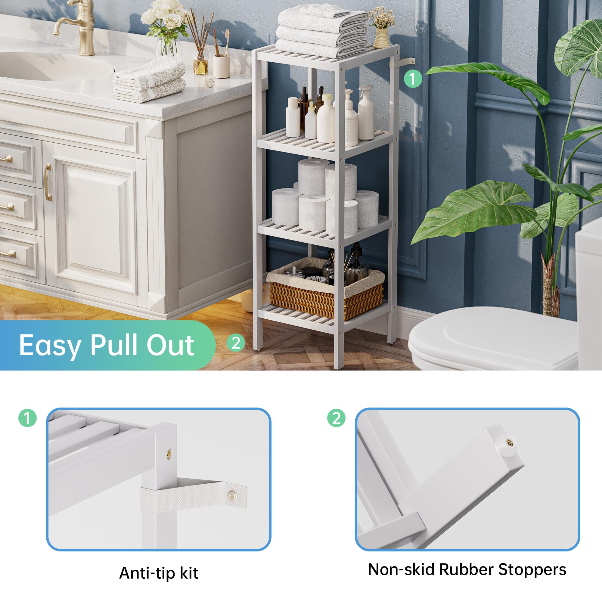 5-Tier Bamboo Bathroom Storage Shelf - Multifunctional Organizer Rack for Living Room, Bedroom & Kitchen - Space-Saving Shelving Unit (White) | Perfect for Small Spaces, Bathroom Essentials & Home Organization