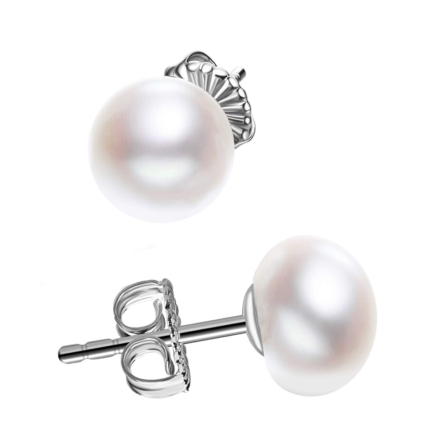 JORA Sterling Silver White Button Freshwater Cultured Pearl Stud Earrings for Women - Elegant Gift for Birthday, Anniversary & Special Occasions