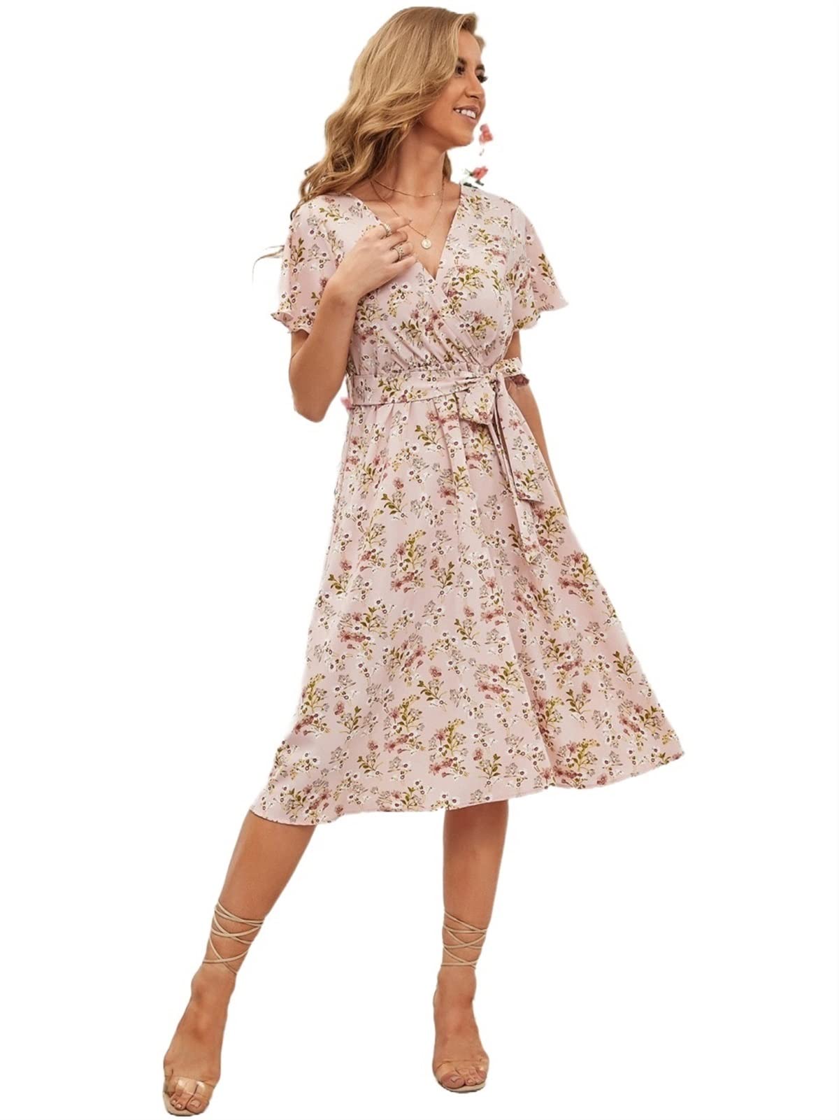 VIYAN Women's Floral Print Summer Casual Dress with Belt - Short Sleeve, XS, Multicolor | Perfect for Beach Outings, Picnics & Summer Parties