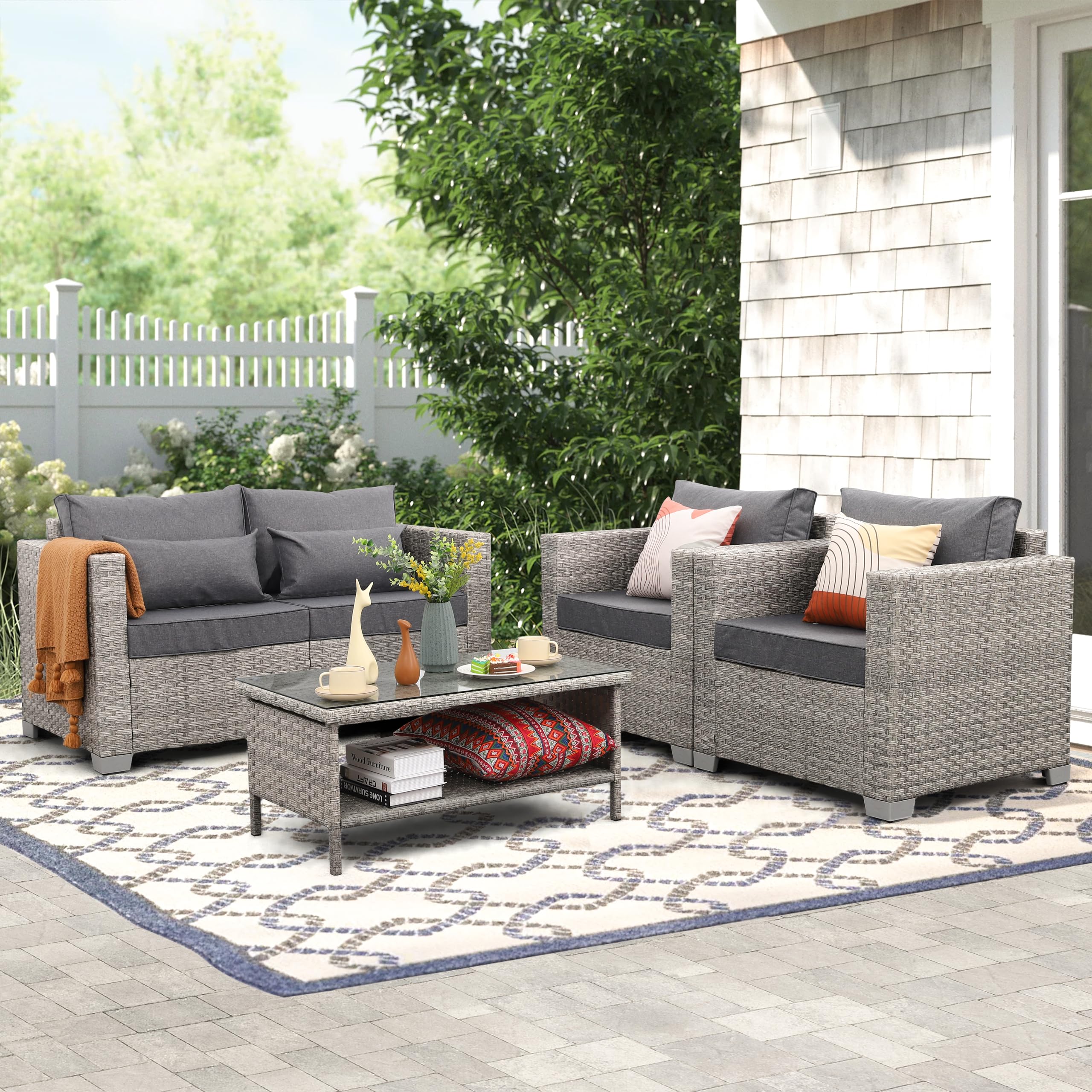 WAROOM 4-Piece Grey PE Rattan Patio Furniture Set - Outdoor Wicker Conversation Sofa with Storage Coffee Table & Non-Slip Cushions | Perfect for Backyard, Garden, Poolside & Terrace Relaxation