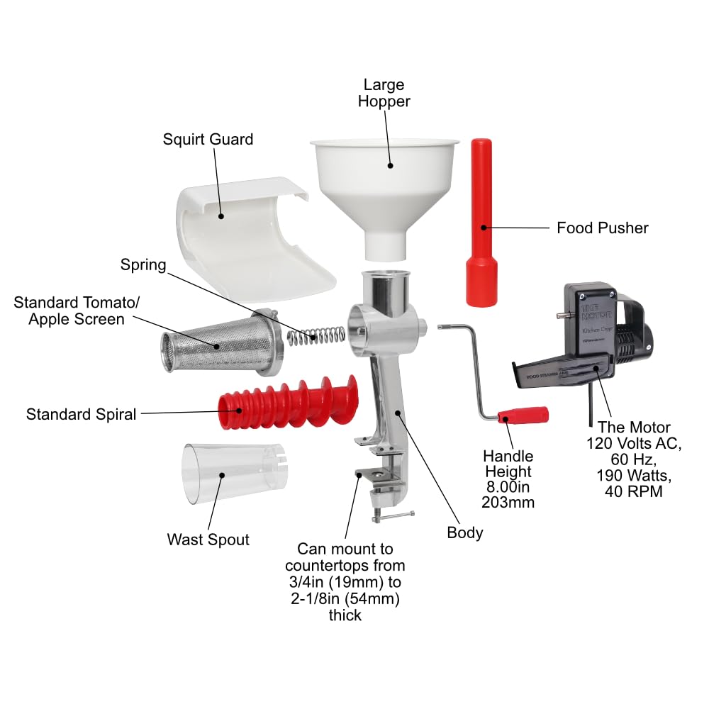 Electric Johnny Apple Sauce Maker & Tomato Strainer - Model 250 Clamp-Based Food Mill with Motor - Remove Skins & Seeds from Fruits & Vegetables - Perfect for Canning, Jams, Baby Food & Homemade Sauces