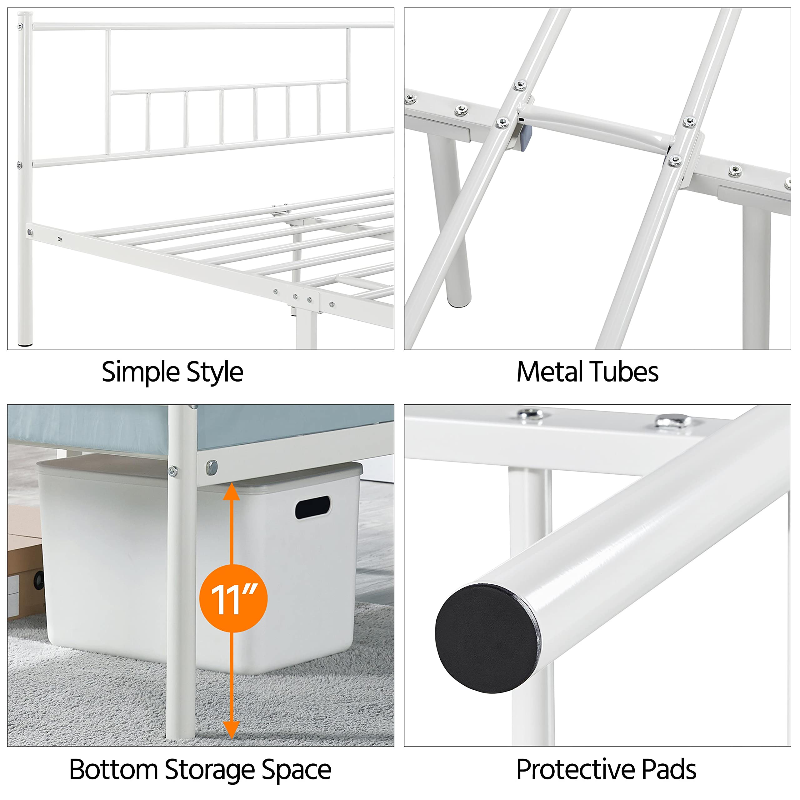 Topeakmart Queen Size Metal Bed Frame with Headboard & Footboard - Sturdy Steel Slat Support, No Box Spring Needed, Under Bed Storage - White - Perfect for Modern Bedrooms, Guest Rooms & Small Spaces