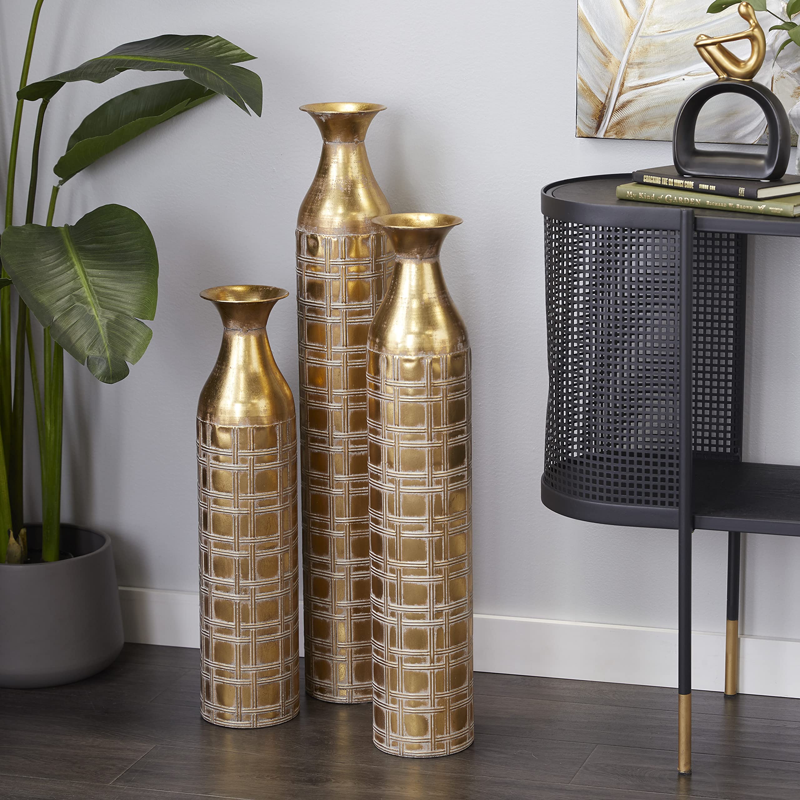 **Deco 79 Tall Metal Decorative Vase Set of 3 - Distressed Gold Etched Grid Patterns, 35