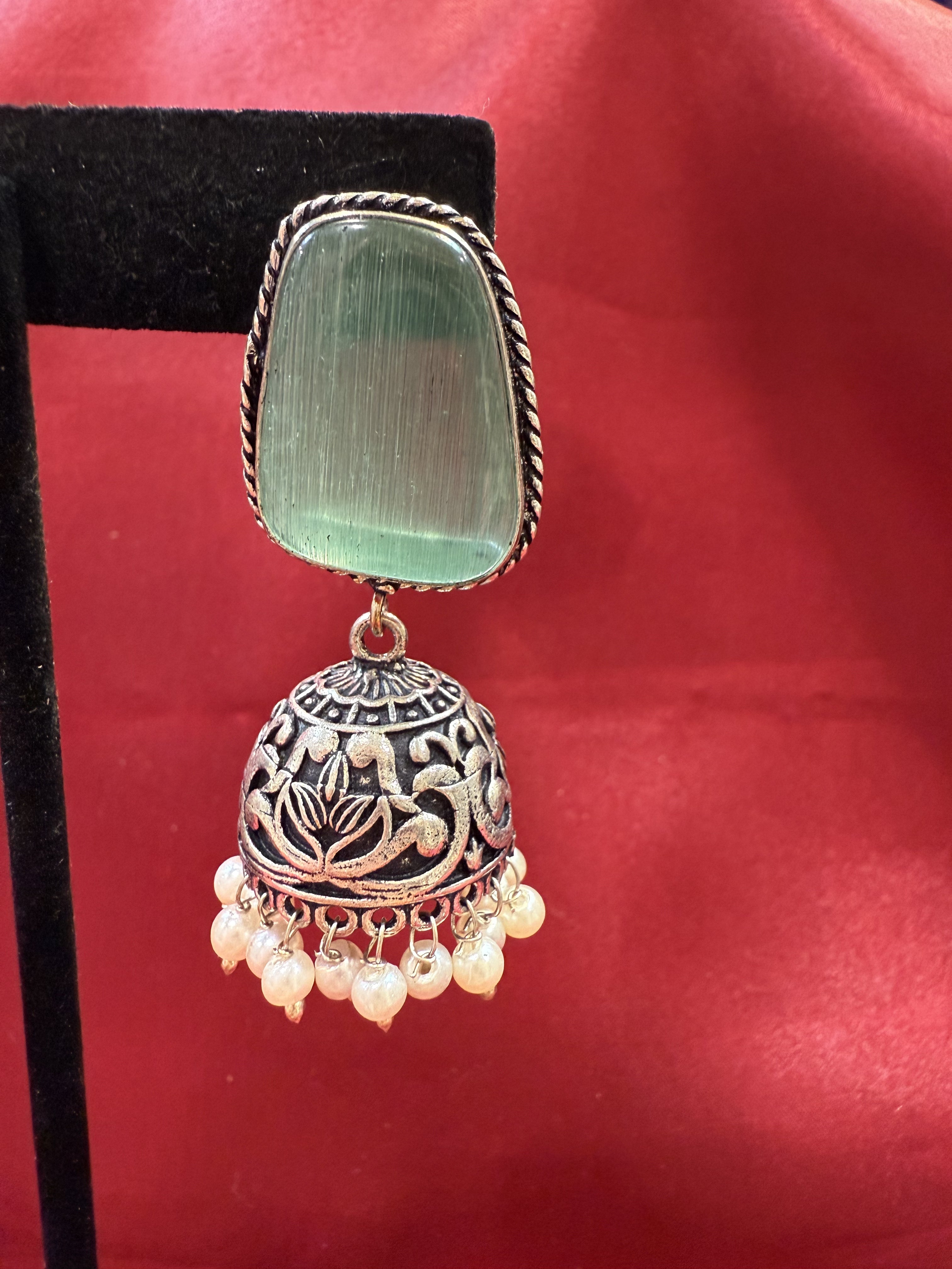 Oxidized Sky Blue Stone Jhumka Earrings with White Bead Hangings - Traditional Indian Jewelry for Weddings, Parties & Festive Occasions