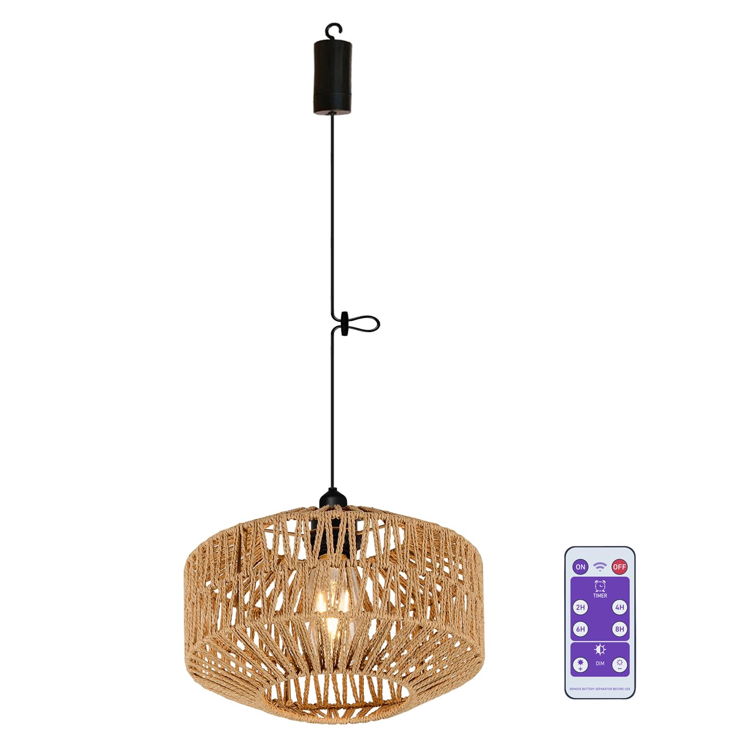 Battery Operated LED Pendant Light with Remote & Timer - Outdoor Chandelier for Gazebo, Porch, Patio - Boho Rattan Lampshade - 4 AA Battery Powered Hanging Lantern - Farmhouse & Backyard Decor for Evening Gatherings and Outdoor Dining