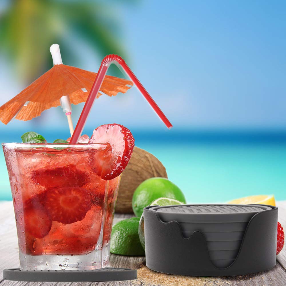 ME.FAN 6-Pack Thickened Silicone Coasters with Holder - Non-Slip, Non-Stick Cup Mats for Drinks - Deep Tray Design Protects Furniture & Tabletops (Deep Purple) - Perfect for Coffee Tables, Dining Tables, and Office Desks