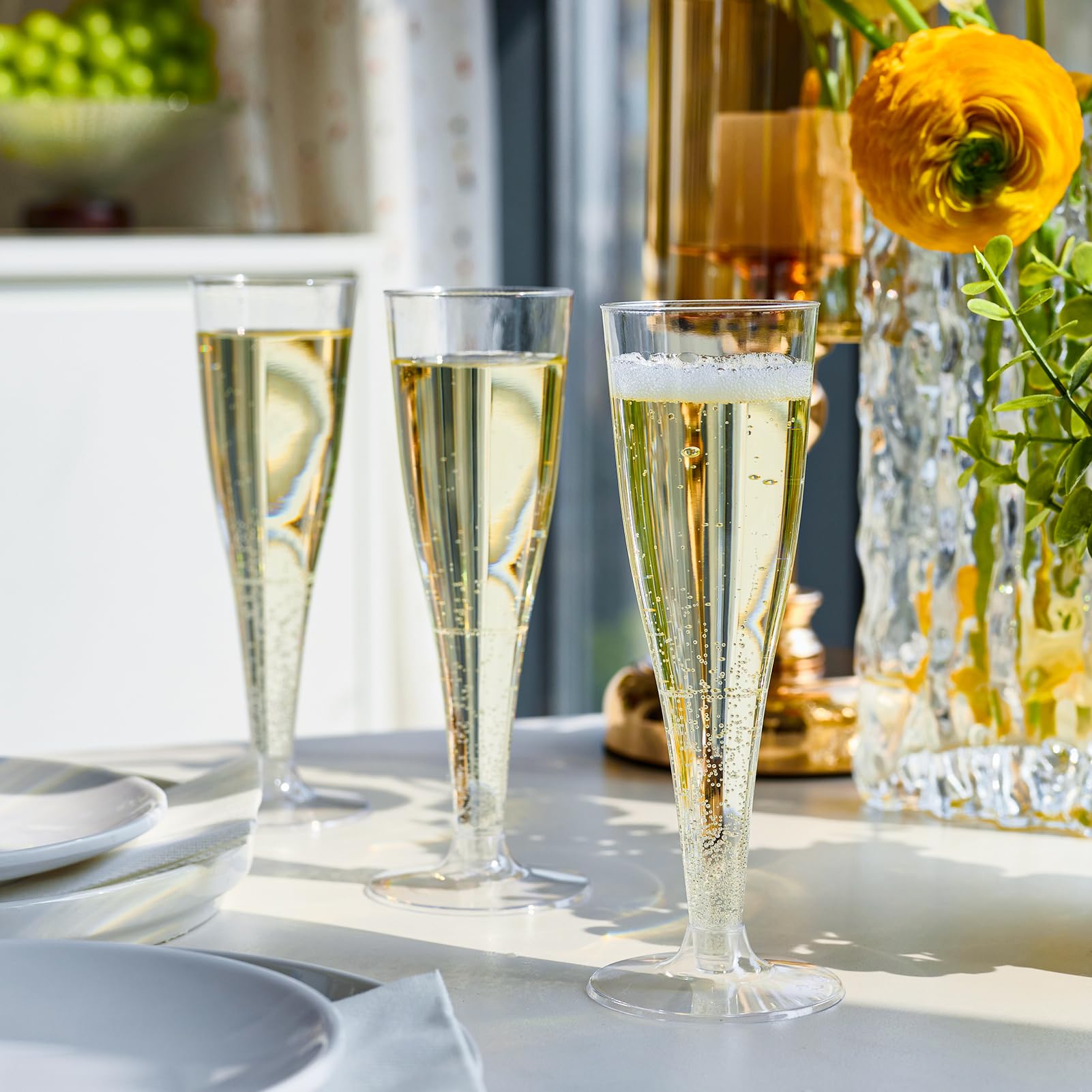FOCUSLINE 100 Pack 4.5 Oz Clear Plastic Champagne Flutes - Disposable Recyclable Toasting Glasses for Wedding, Party, Bridal Shower & Events - Elegant Drinkware for Celebrations & Special Occasions