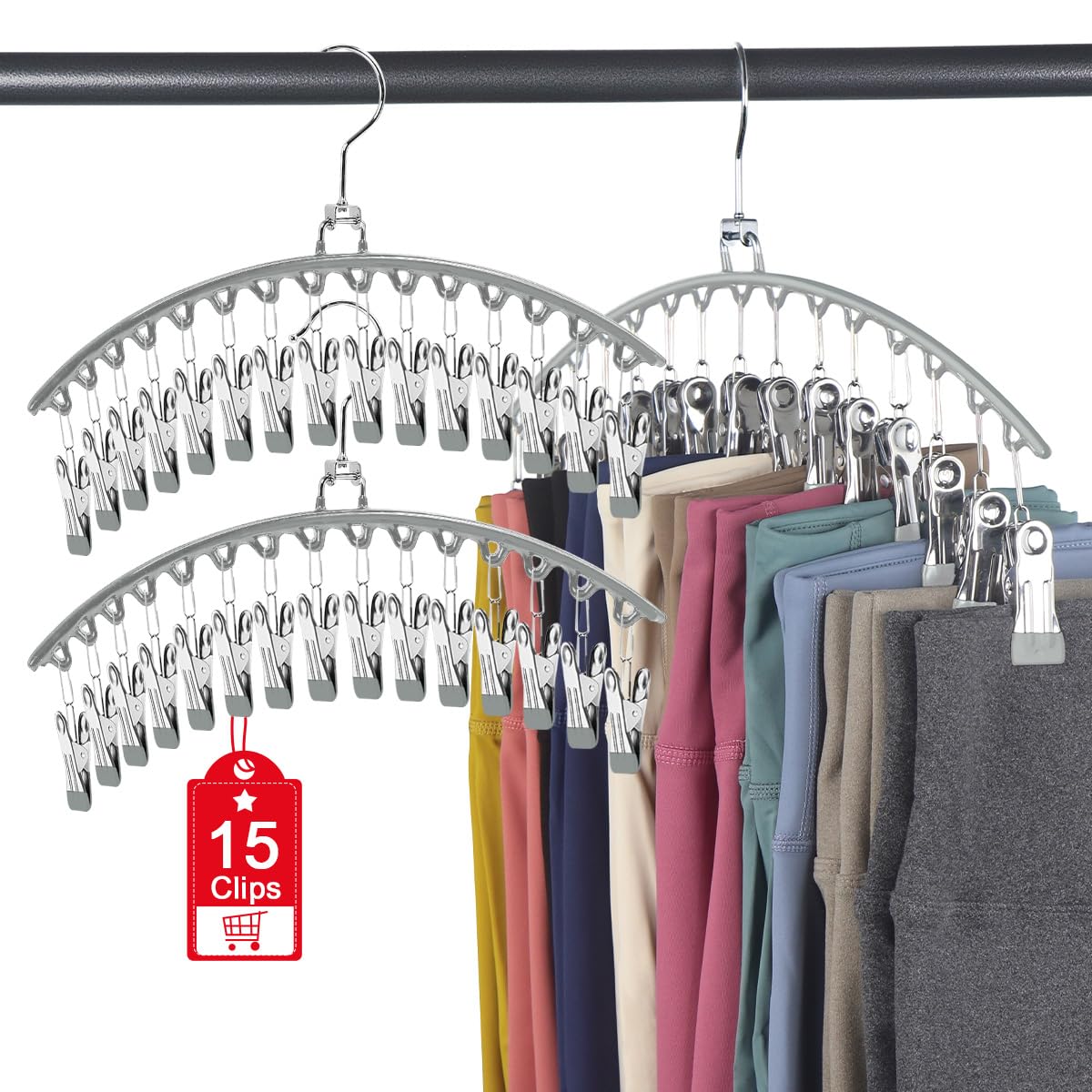 3-Pack Space Saving Closet Organizer with 15 Clips - Rubber Coated Leggings & Yoga Pants Hanger - Grey - Perfect for Wardrobe, Closet & Travel Storage Organization