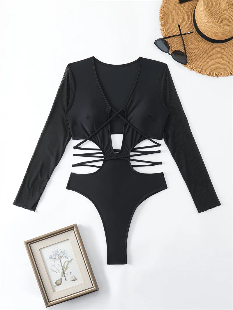 2024 Sexy Black Long Sleeve One Piece Swimsuit for Women - Hollow Out Bandage Monokini Bathing Suit | Beachwear, Pool Party, Summer Vacation