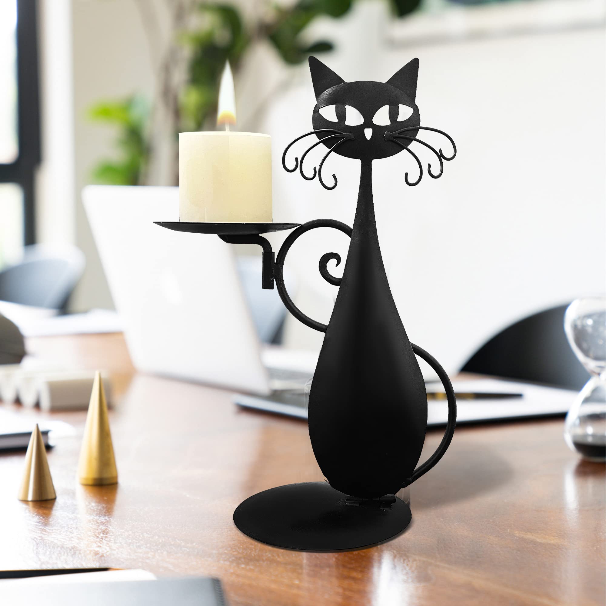 Black Cat Candle Holder for Pillar & LED Candles - Farmhouse Decor for Dining Table & Gifts