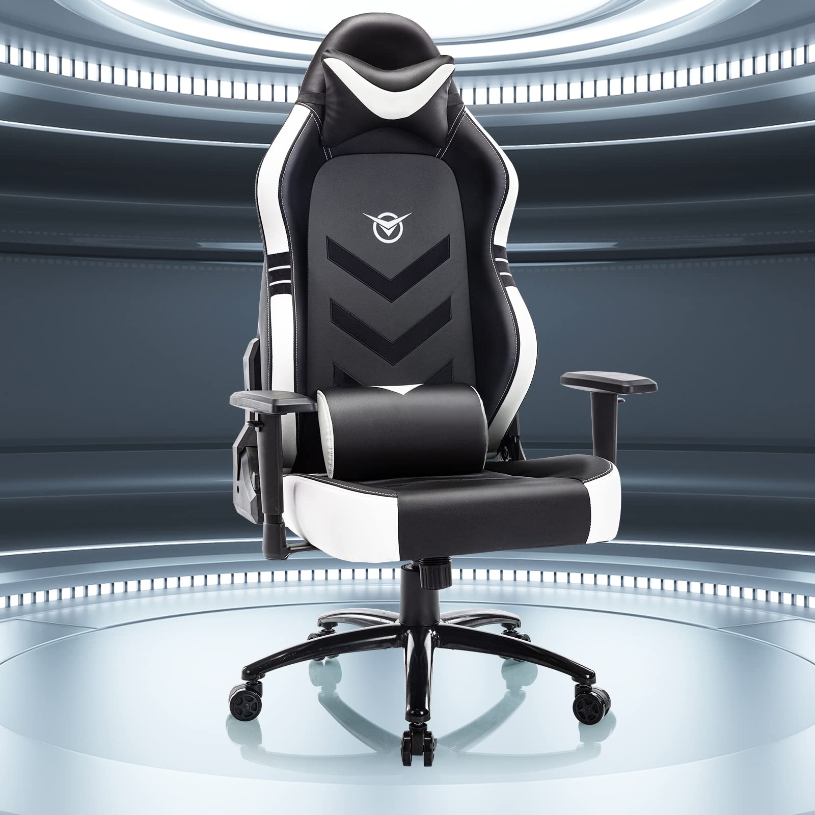 Big and Tall Gaming Chair 350lbs - Heavy Duty Ergonomic Racing Office Chair with Wide Seat, Reclining Backrest & Adjustable Armrests - Perfect for PC Gaming, Streaming & Home Office (Black/White)