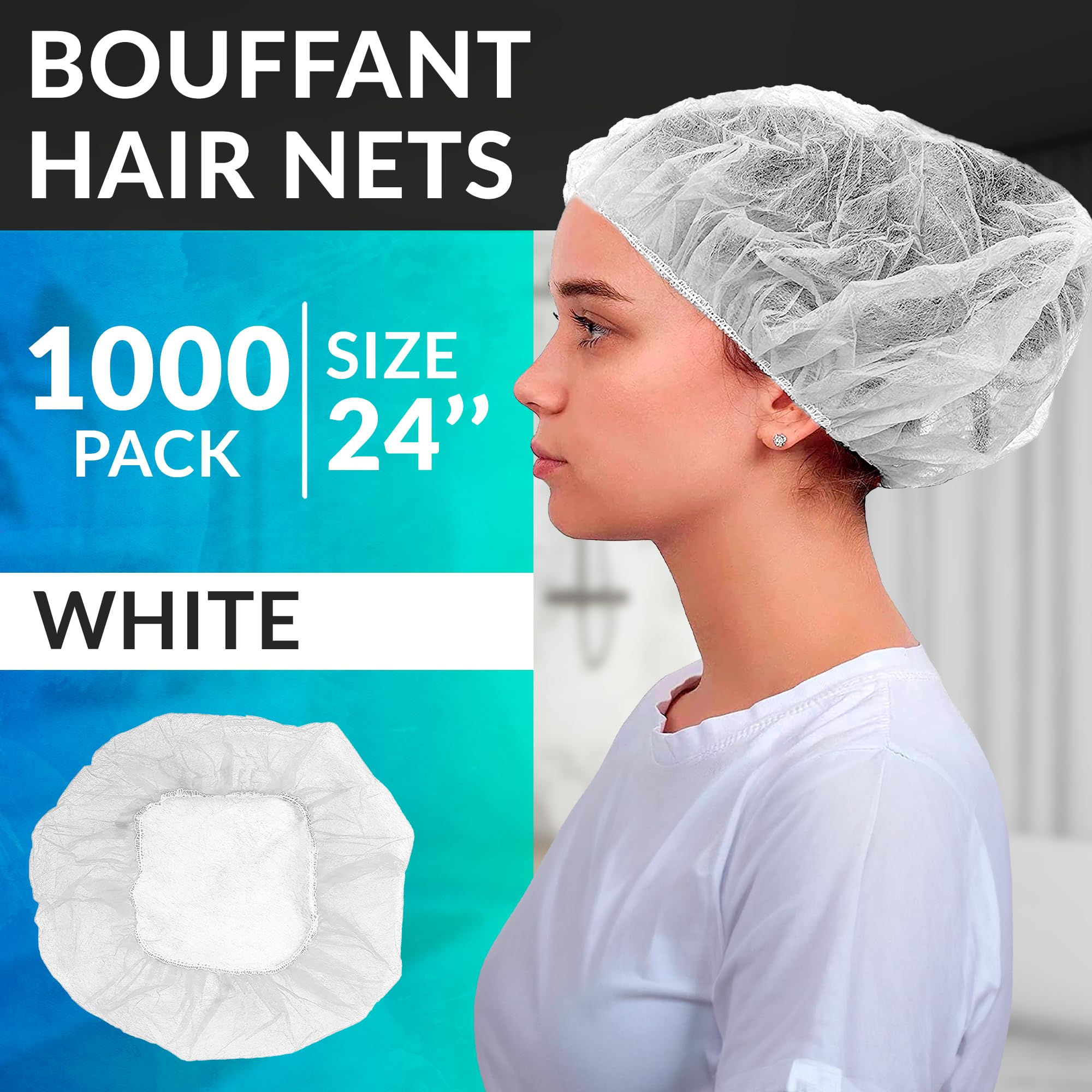 1000 Pack Disposable White Bouffant Caps 24
