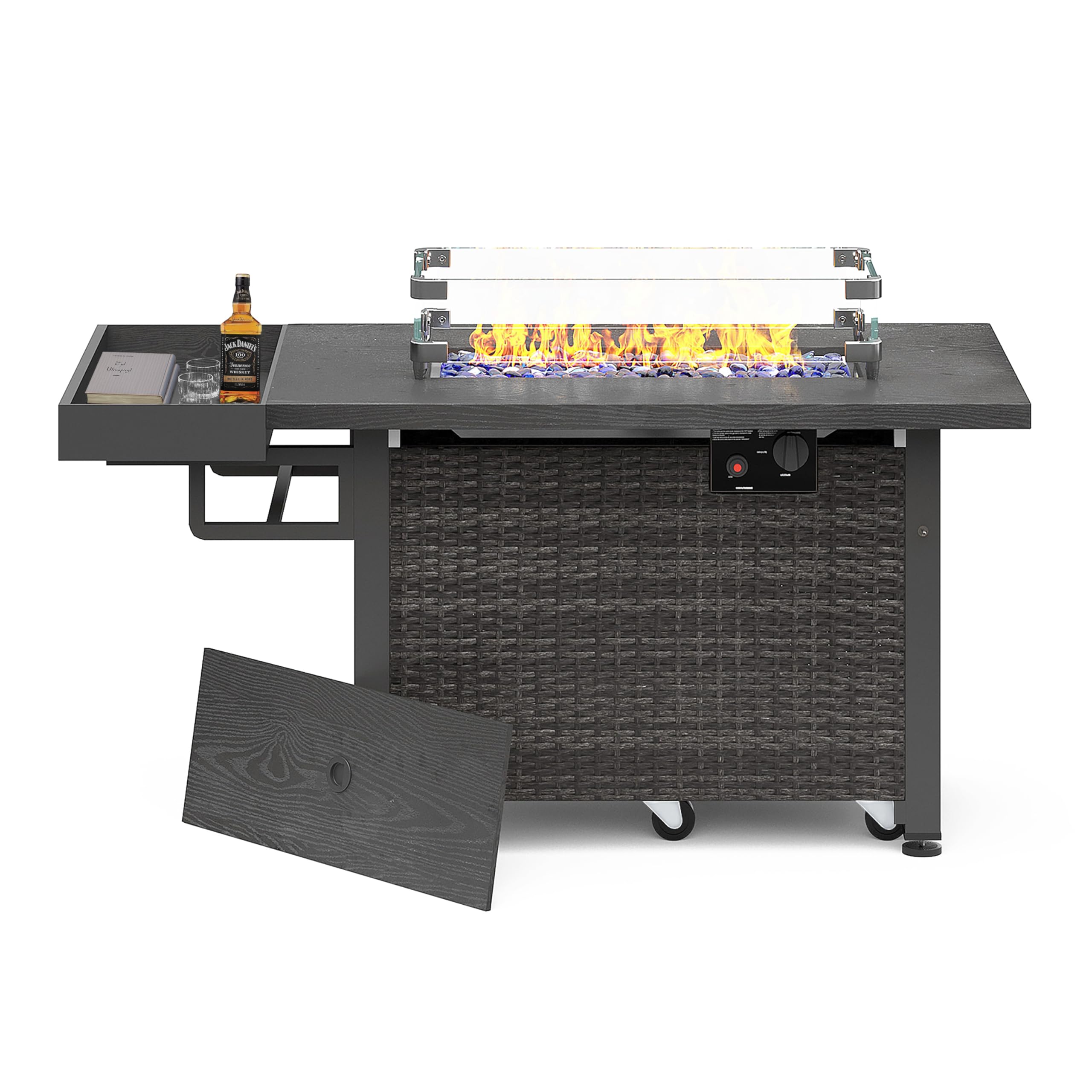 52 Inch CSA-Listed Grey Outdoor Propane Fire Pit Table - 50,000 BTU with Storage Shelf, Glass Wind Guard & Lid - Weatherproof Wicker Patio Heater for Backyard, Garden, Poolside & Outdoor Entertaining