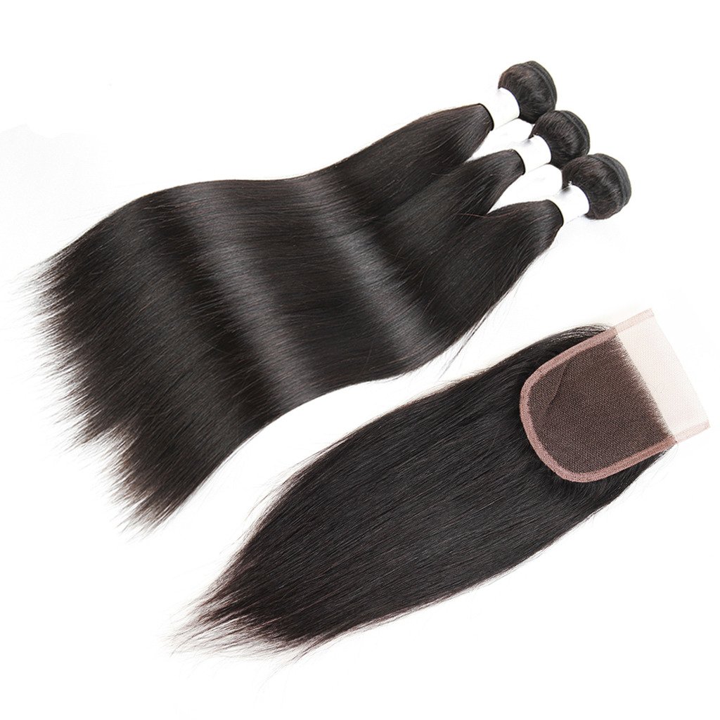 8A Grade Peruvian Virgin Straight Human Hair Weave 3 Bundles 14 Inches with 1 Piece Middle Part Lace Closure - Natural Black Color (Pack of 4) | Brazilian Hair Extensions for Styling, Weaving & Protective Hairstyles