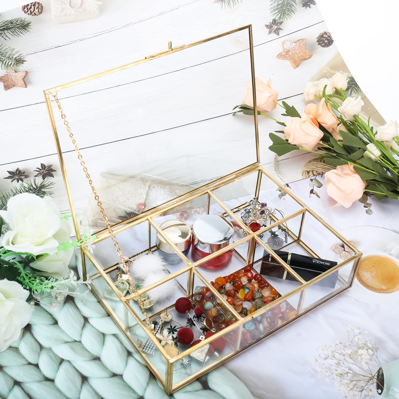Premium Glass Tea Bag Organizer with Lid - 6 Compartment Clear Storage Box for Tea Bags, Coffee & Sugar Packets - Countertop Display Case for Kitchen, Office or Gift Use