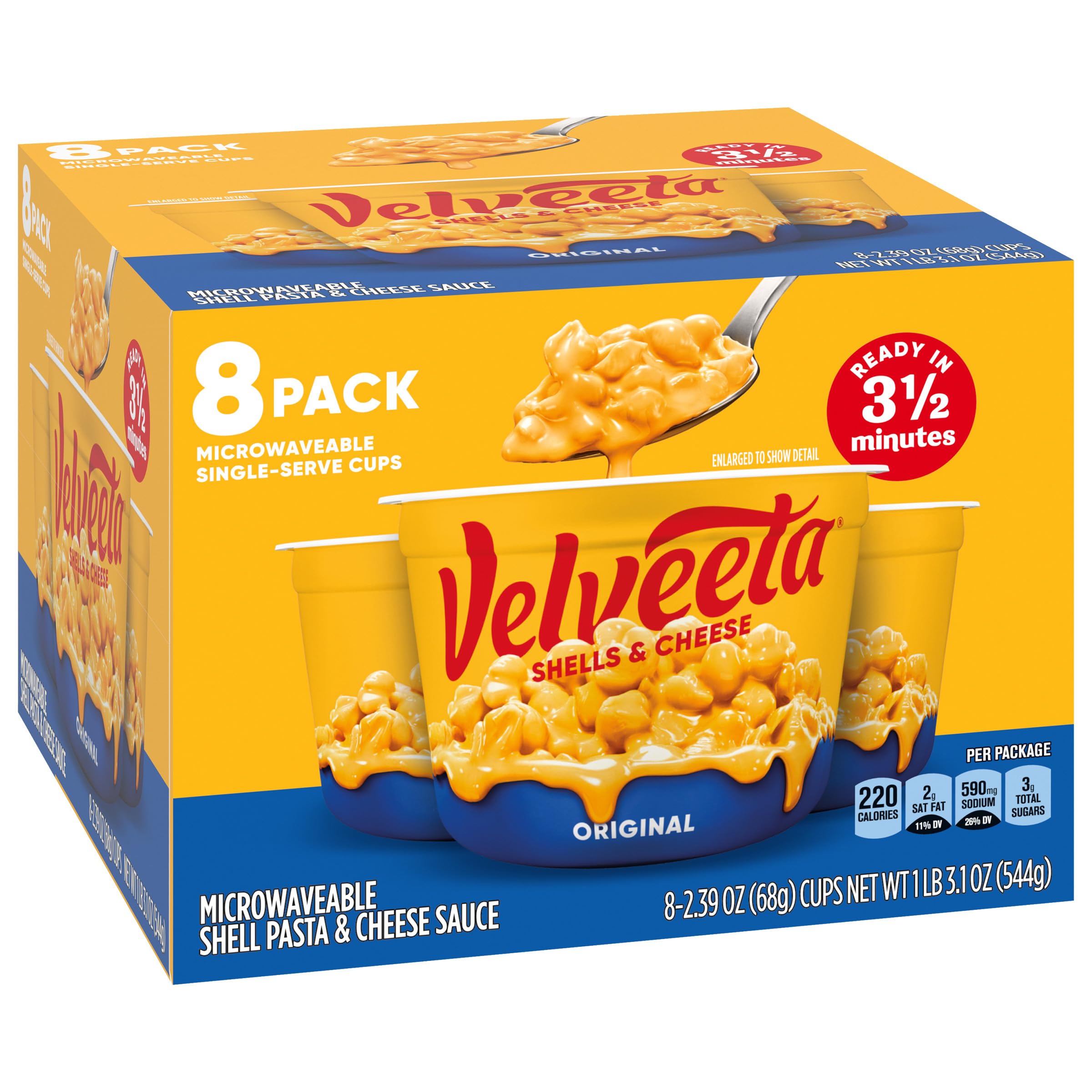 Velveeta Shells & Cheese Original Microwaveable Pasta with Cheese Sauce - 8 Count Box (2.39 oz Cups) | Quick & Easy Meal for Lunch, Dinner or Snacks