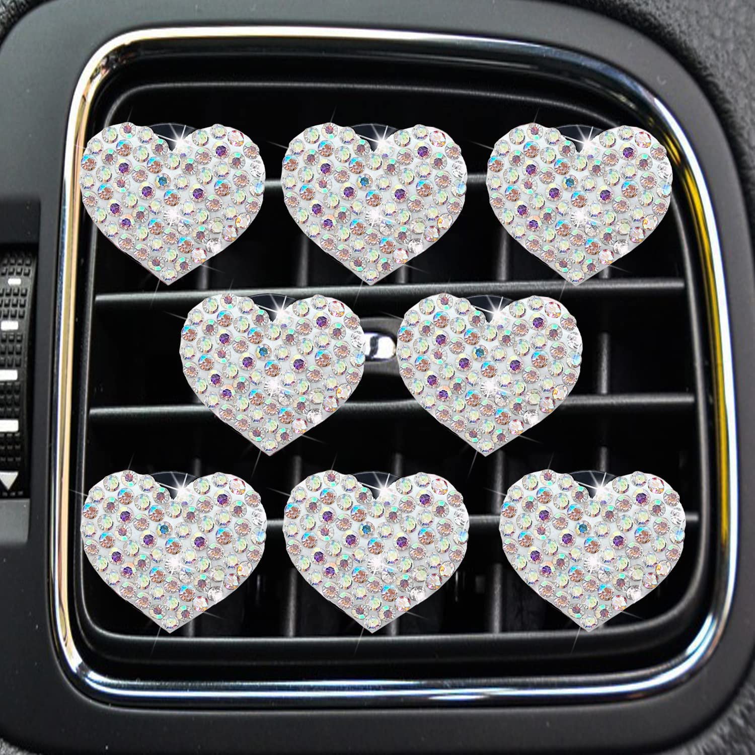 U&M 8-Piece Bling Heart Air Vent Clips - Glittering Crystal Car Air Freshener & Decor Accessories for AC Vents - Perfect for Car Interior Decoration & Aromatherapy